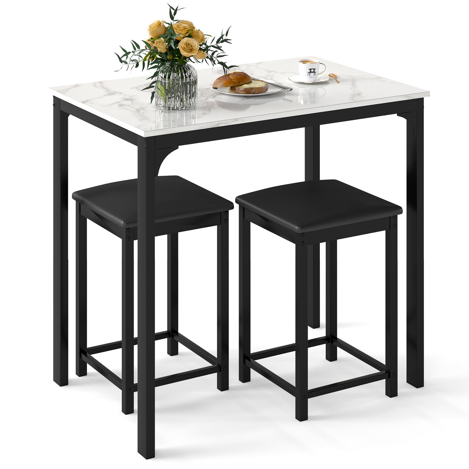 Giantex 3-Piece Modern Dining Set with Faux Marble Tabletop & 2 Chairs - White & Black Contemporary Kitchen Table for Home, Hotel, Restaurant, Bar or Office Dining Area | Perfect for Small Spaces, Breakfast Nooks & Entertaining Guests