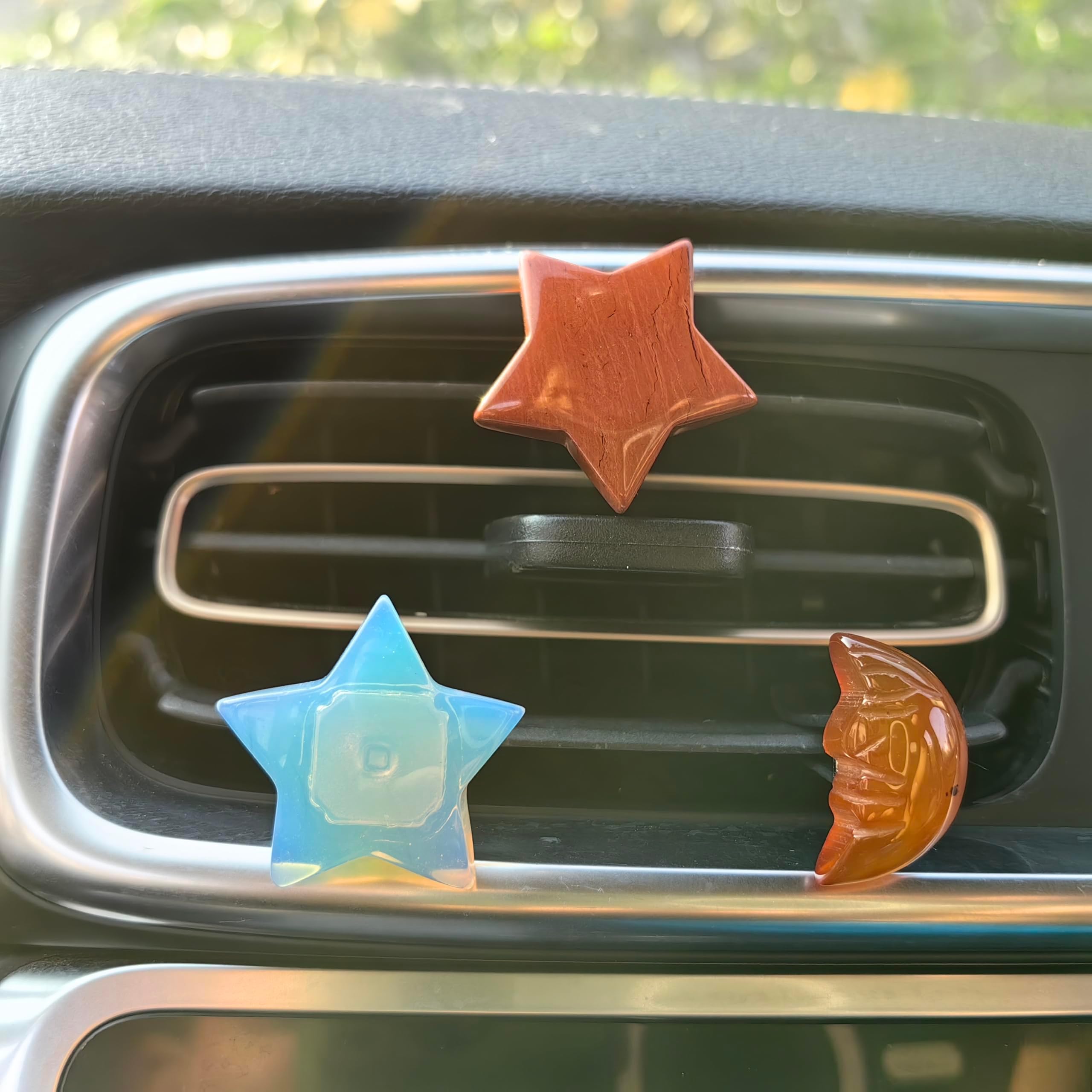 Natural Quartz Crystal Car Vent Clips - Star & Moon Shape Car Air Freshener Decor with Obsidian Charm | Feng Shui Car Accessories for Good Luck & Positive Energy | Perfect Car Gift for Women, Men, Friends & Family