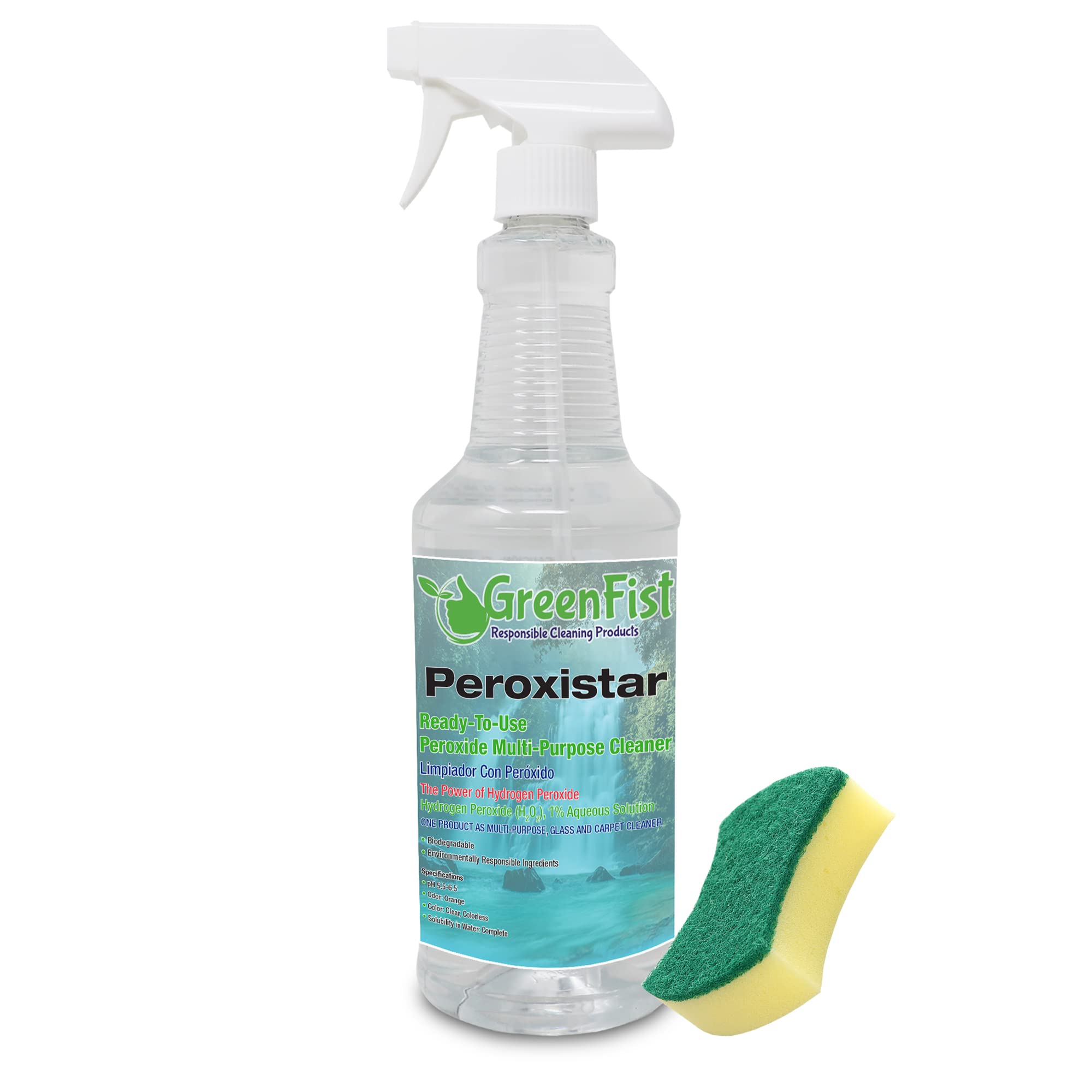GreenFist Hydrogen Peroxide All-Purpose Cleaner - 32oz (1 Quart) with Free Sponge - Glass, Carpet & Stain Remover - Perfect for Kitchen, Bathroom & Household Cleaning