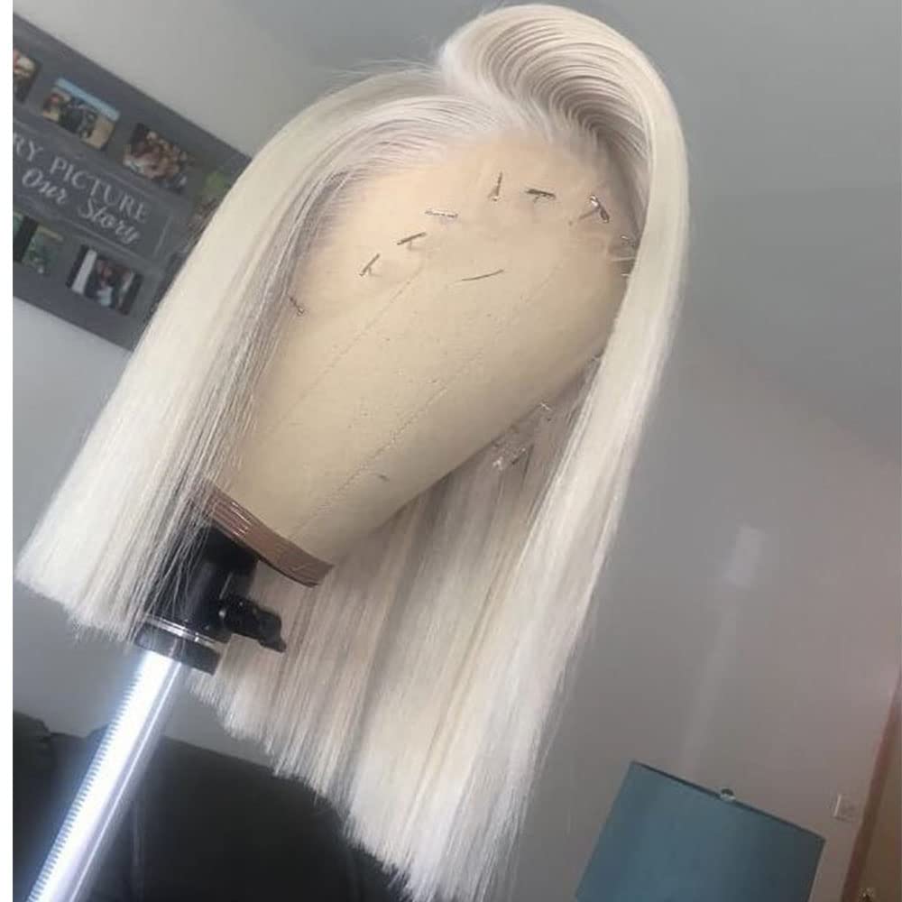 #60 Grey White Platinum Blonde HD Transparent Lace Front Wig - 150% Density 13x4 Human Hair Short Bob with Baby Hair | Straight Natural Look for Women | Perfect for Daily Wear, Cosplay & Special Occasions