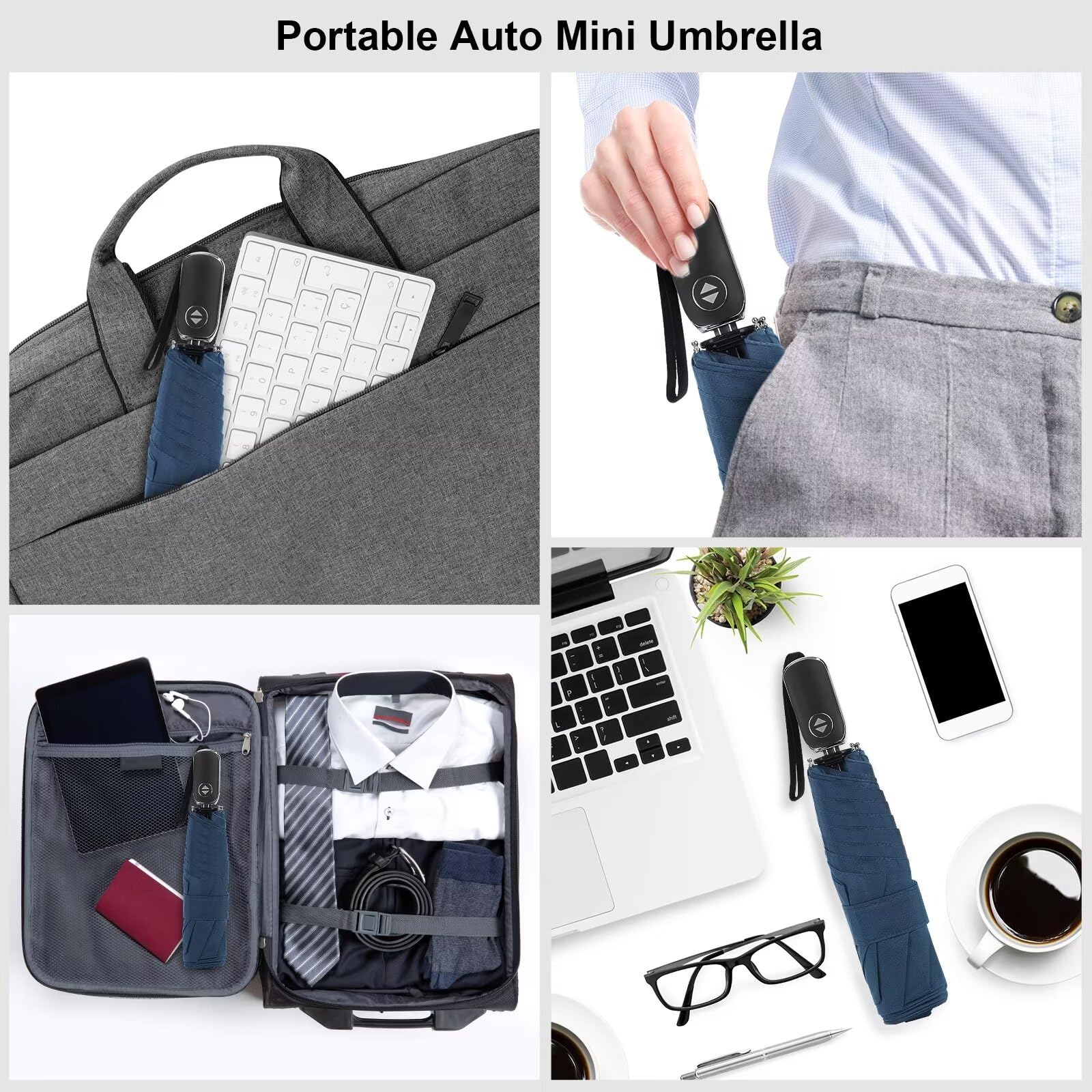 LEAGERA Automatic Compact Travel Umbrella - Portable Collapsible Mini Pocket Umbrella for Backpack, Rain Protection - Ultralight Dark Blue Umbrellas (2 Pack) - Perfect for Commuting, Hiking & Outdoor Activities