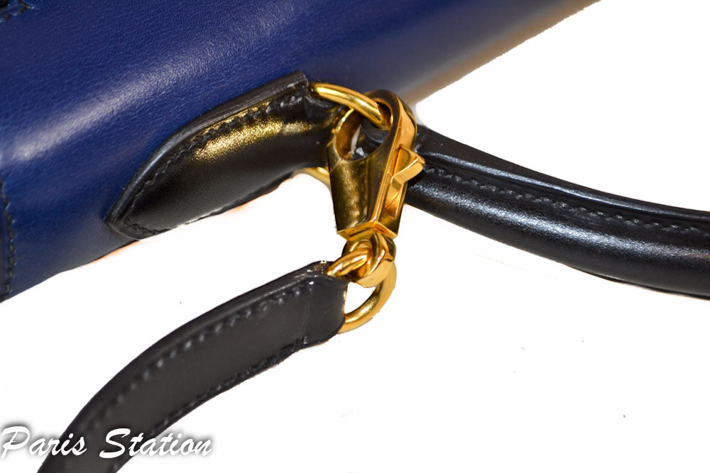 Authentic Hermes Kelly Sellier 32 Handbag in Blue & Black - Luxury Bi-Color Leather Shoulder Bag for Women | Perfect for Work, Evening Events & Special Occasions