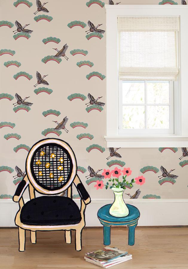 Cranes In Clouds Wallpaper by Carly Beck - Elegant Japanese-Inspired Peel & Stick Wall Mural for Living Room, Bedroom & Nursery Decor
