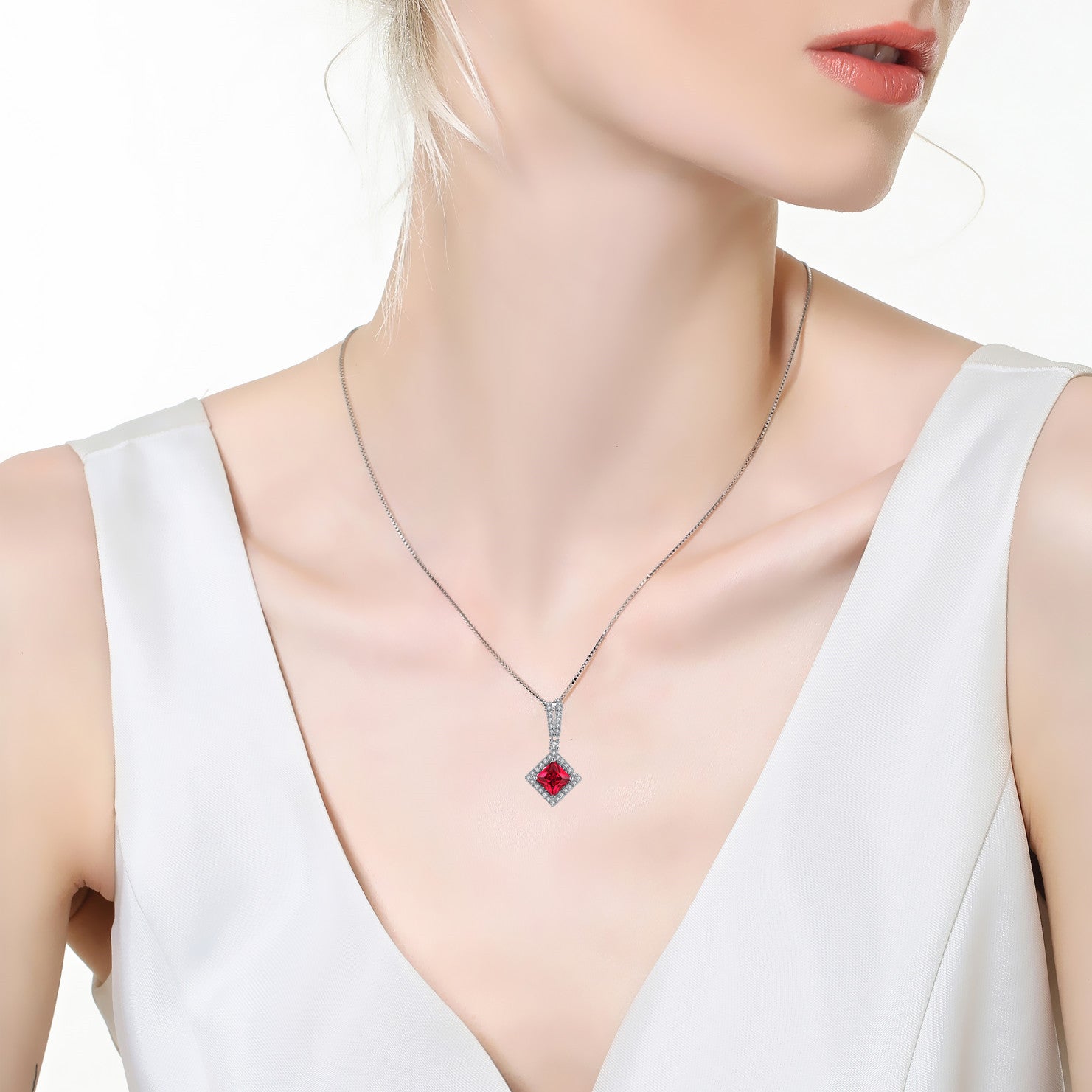 Sterling Silver Princess Cut Simulated Emerald & Ruby Halo Pendant Necklace for Women - Elegant Jewelry Gift for Birthday, Anniversary & Special Occasions