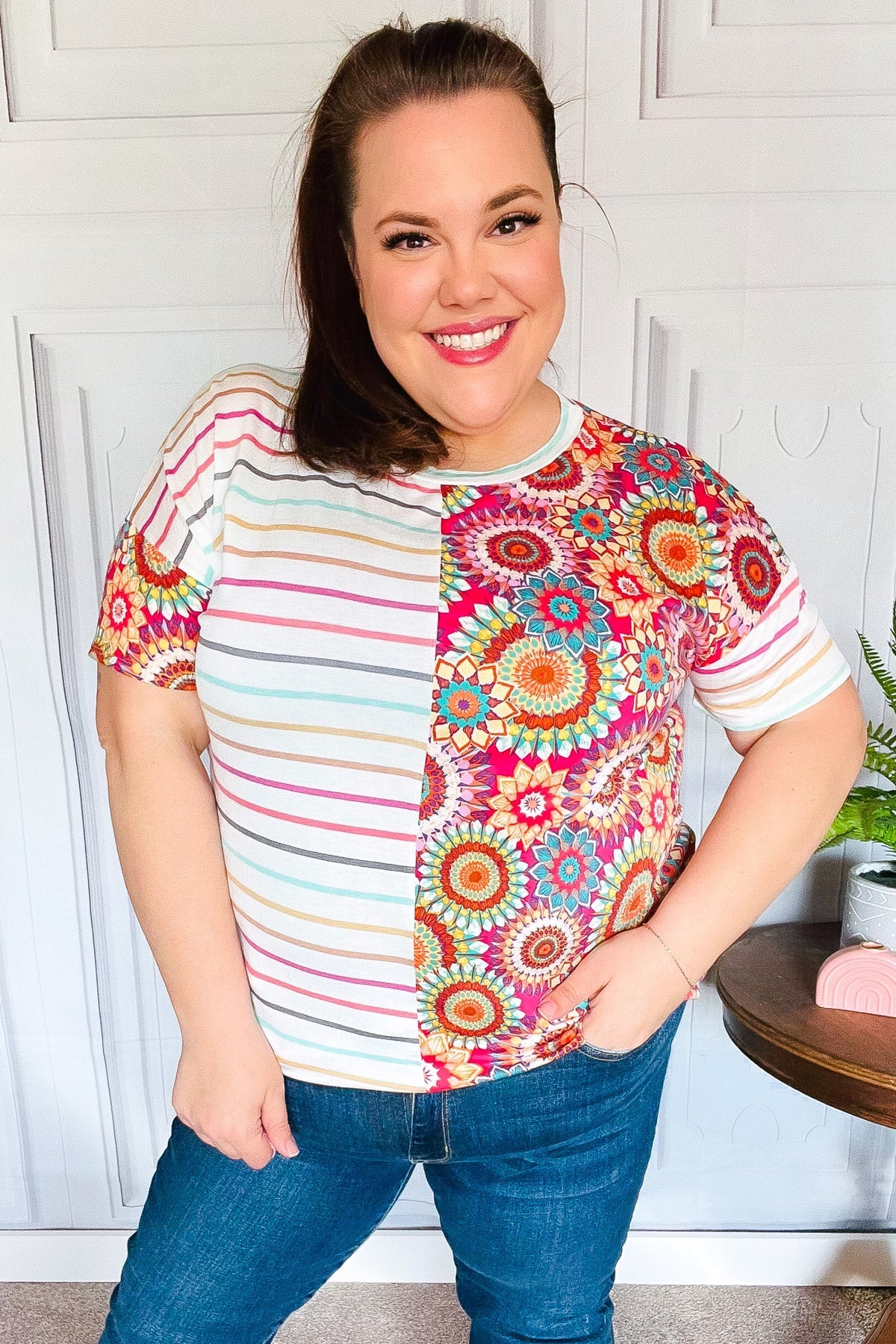 Always Fun Ivory & Fuchsia Stripe Crochet Print Women's Blouse - Casual Summer Tops for Beach, Vacation and Everyday Wear