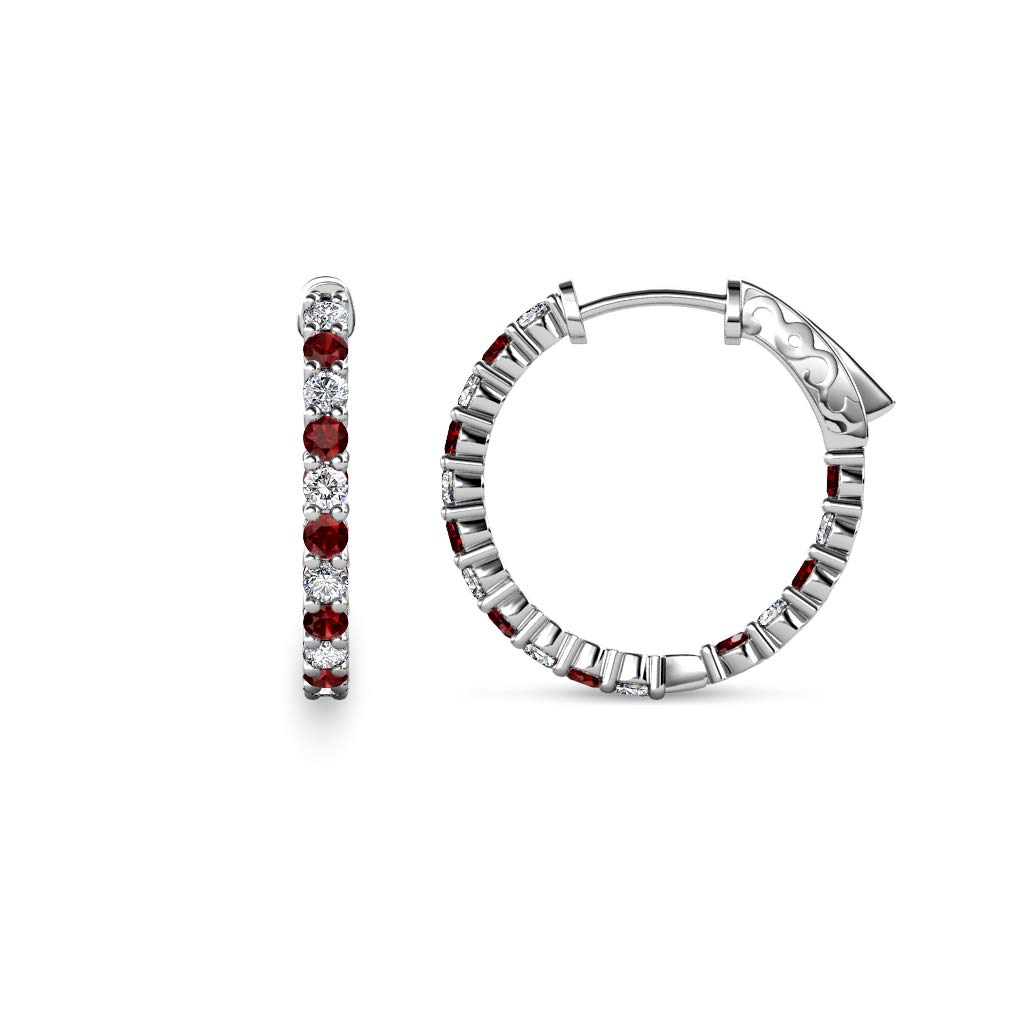 14K White Gold Red Garnet & Natural Diamond Inside-Out Hoop Earrings 0.80 ctw - Perfect for Weddings, Parties & Special Occasions
