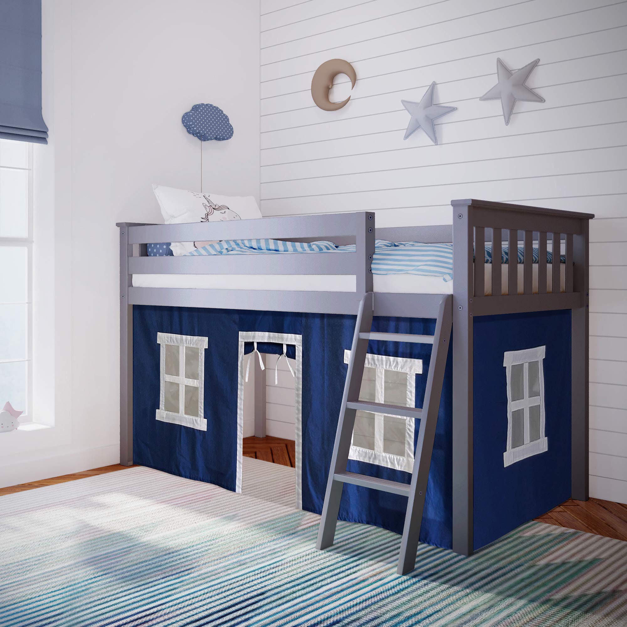 Max & Lily Low Loft Twin Bed Frame for Kids with Privacy Curtains - Space-Saving Grey/Blue Design for Small Bedrooms & Playrooms