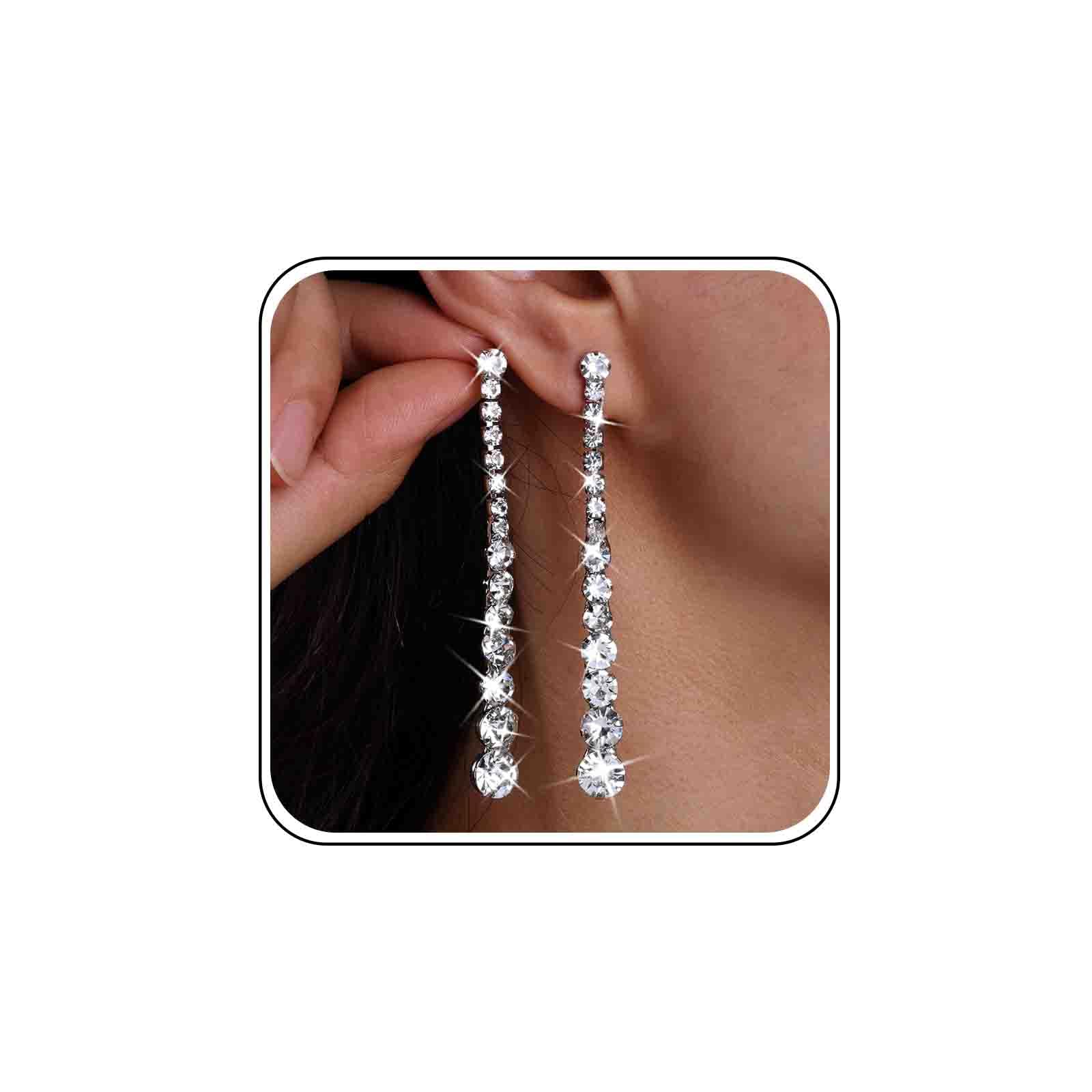 Sparkly Rhinestone Chandelier Earrings for Women - Silver Crystal Drop Dangle Earrings with Long Tassel Chain, Wedding/Bridal Jewelry (Perfect for Parties, Prom, Evening Events & Special Occasions)