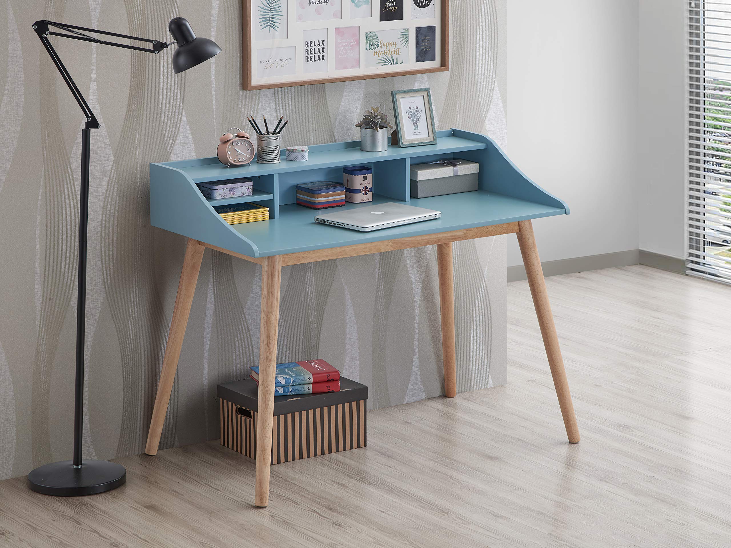 Roundhill Furniture Roskilde Solid Wood Office Desk with Storage, Blue - Perfect for Home Office, Study Room & Workspace Organization