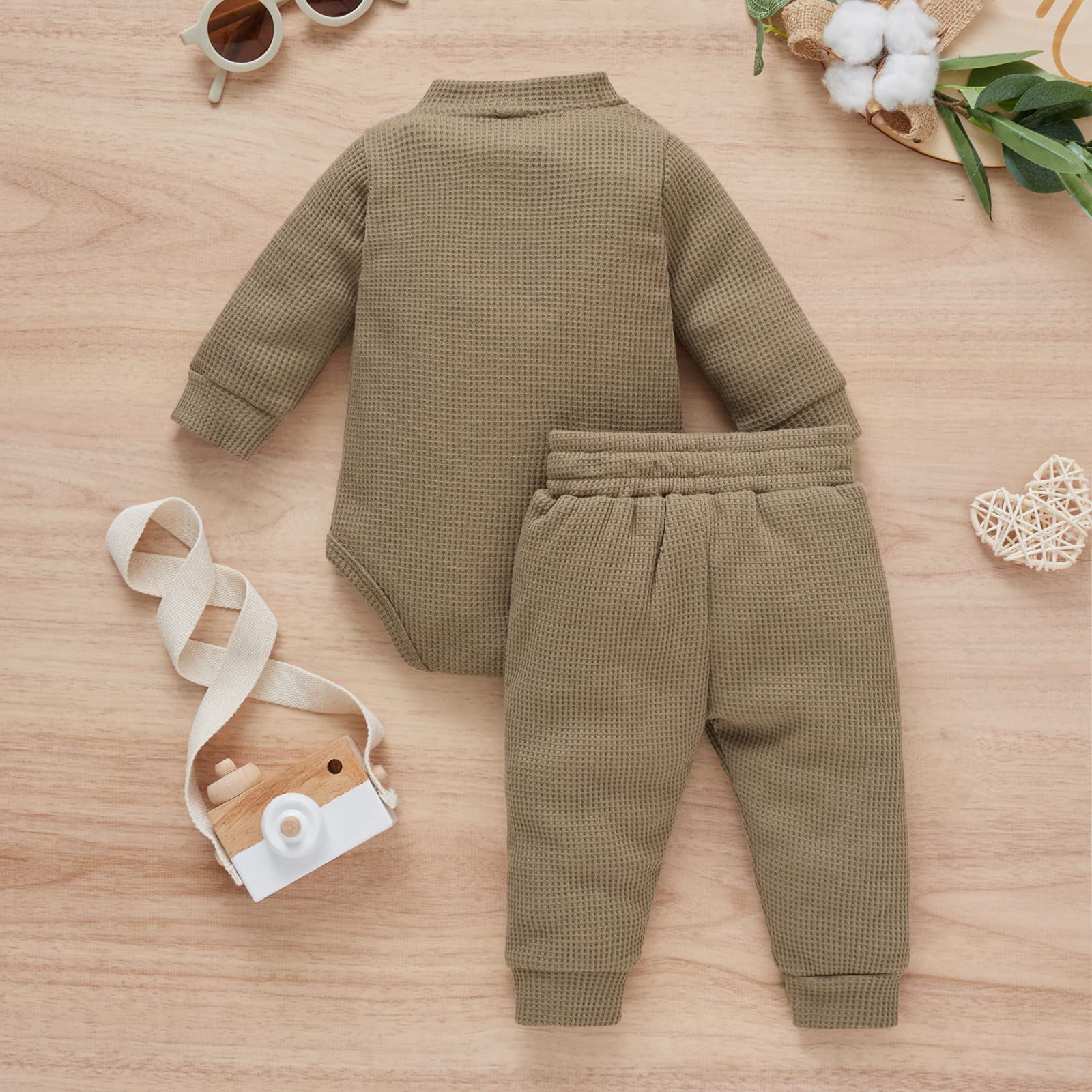 Yccutest Unisex Baby Romper & Pants Set - Soft Waffle Knit Long Sleeve Outfit for Newborn & Toddler (0-24 Months) | Fall Winter Infant Clothes for Boys & Girls | Perfect for Playdates, Family Photos & Cozy Home Wear