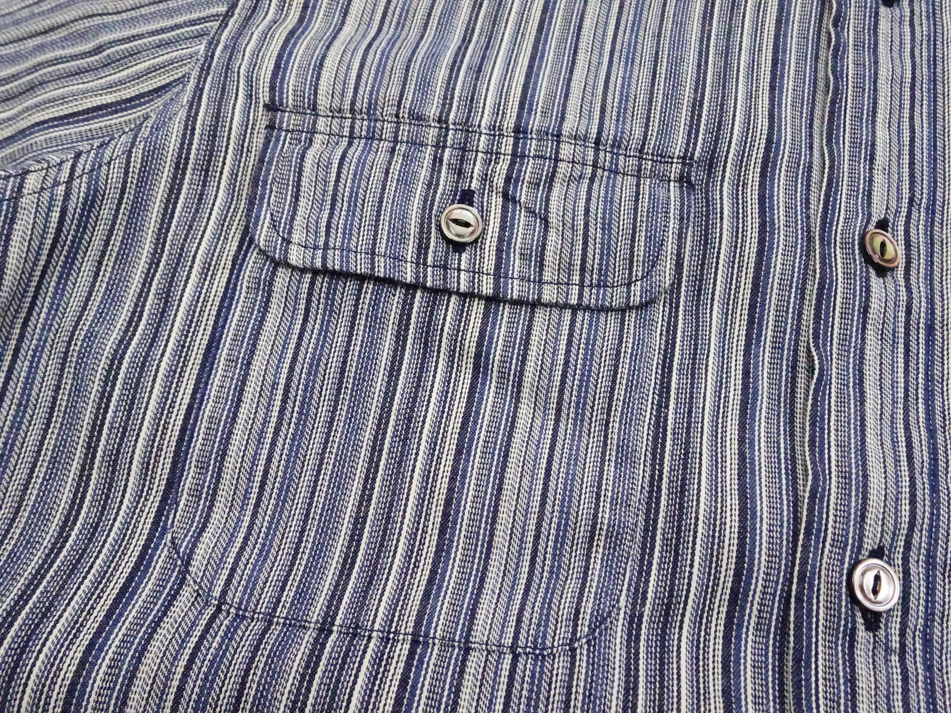 Japanese Kasuri Style Men's Long Sleeve Button-Up Work Shirt - Sugar Cane Indigo Stripe Cotton Shirt (SC29396 401A Off White) - Perfect for Casual Wear, Office & Outdoor Activities