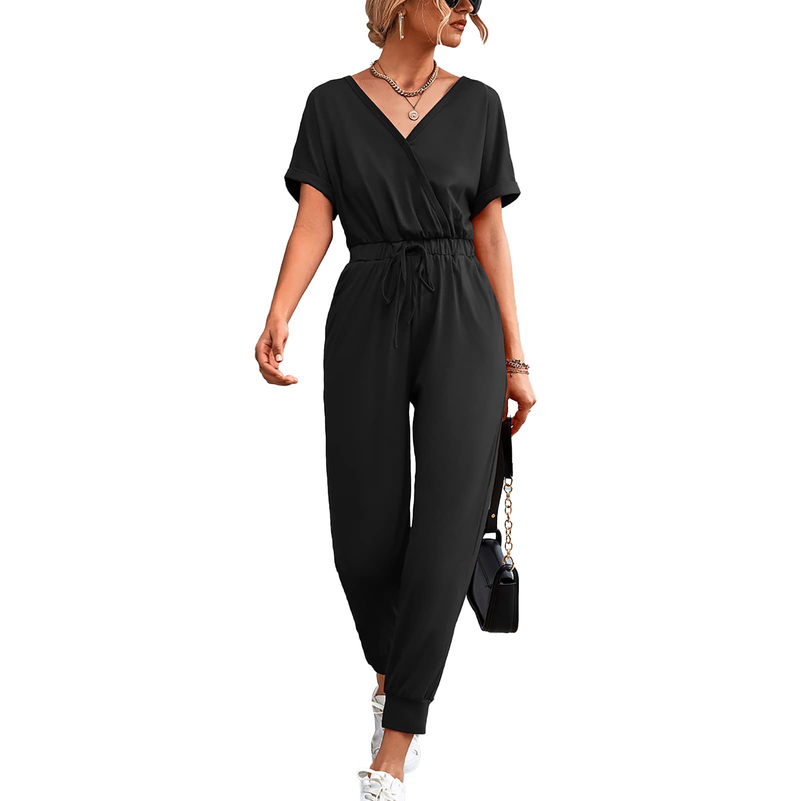 TOPCIN Women's Summer Slim Fit Jumpsuit with Pockets - Casual Cross Strap V-Neck Short Sleeve Romper - Harem Pants for Beach, Vacation & Outdoor Activities