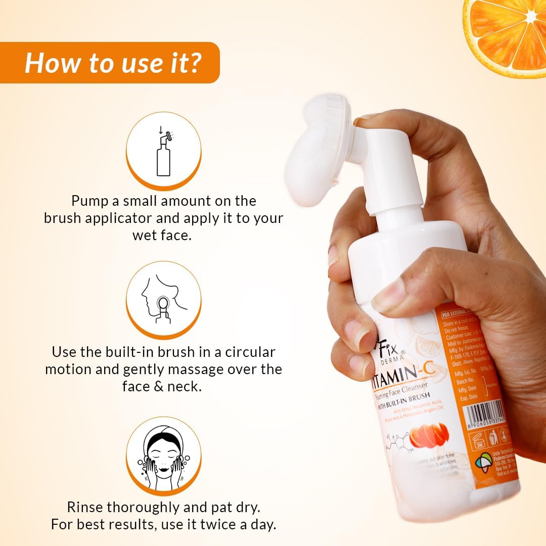2% Vitamin C Foaming Face Cleanser with Brush for Women & Men - Brightens Skin, Reduces Wrinkles & Exfoliates | 100ml | Daily Skincare Routine for Even Tone & Youthful Glow