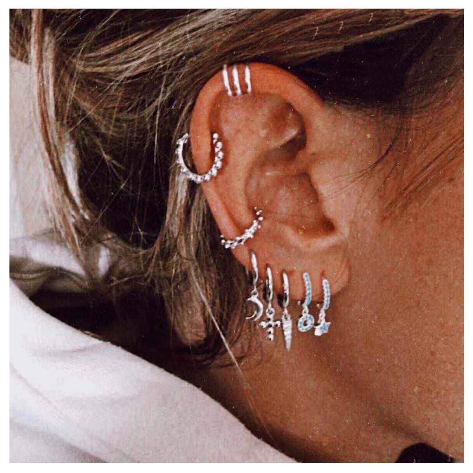 Boho Rhinestone Circle Huggie Hoop Earrings for Women - Silver Multiple Piercing Earrings Set with Flower, Cross & Star Dangle - Vintage CZ Band Cuff Jewelry for Everyday Wear & Special Occasions