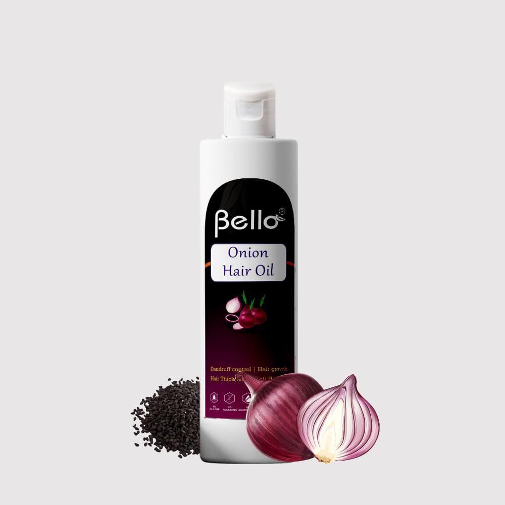 Bello Onion Hair Oil for Hair Growth - Reduces Hair Fall & Controls Dandruff - 200ml Bottle - Promotes Strong & Healthy Hair - Perfect for Daily Hair Care & Scalp Treatment
