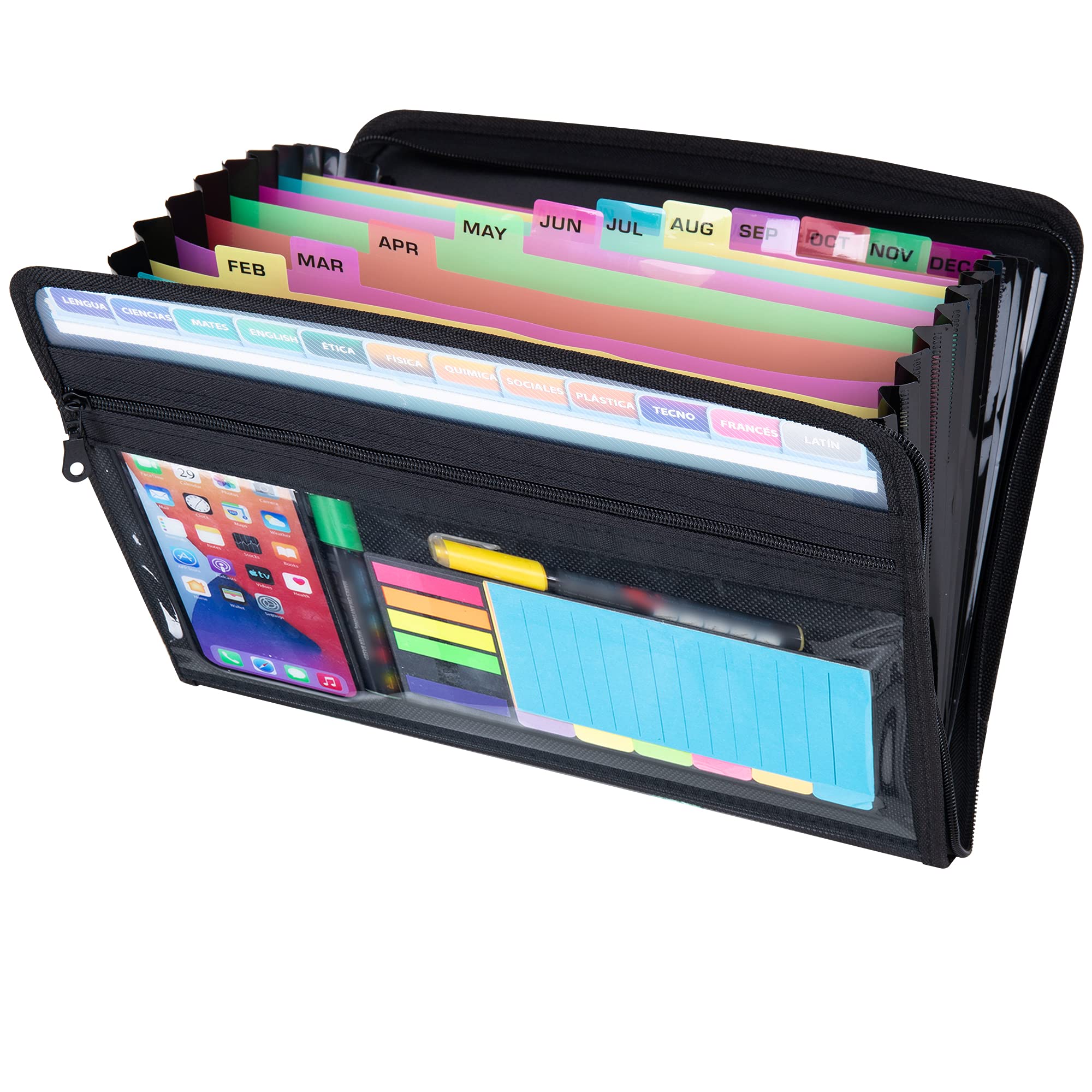 JARLINK 13-Pocket Expanding File Folder with Sticky Labels - Accordion Document Organizer with Zipper Closure for Letter/A4 Paper - Perfect for Office, School & Home Organization (Black)