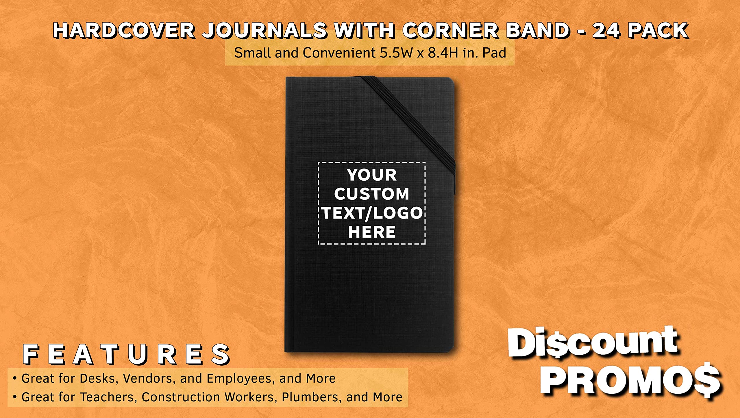 24 Pack Hardcover Journals with Corner Band - Customizable Text & Logo - Elegant Medium Size Black Notebooks for Office, School, Travel & Gift Giving