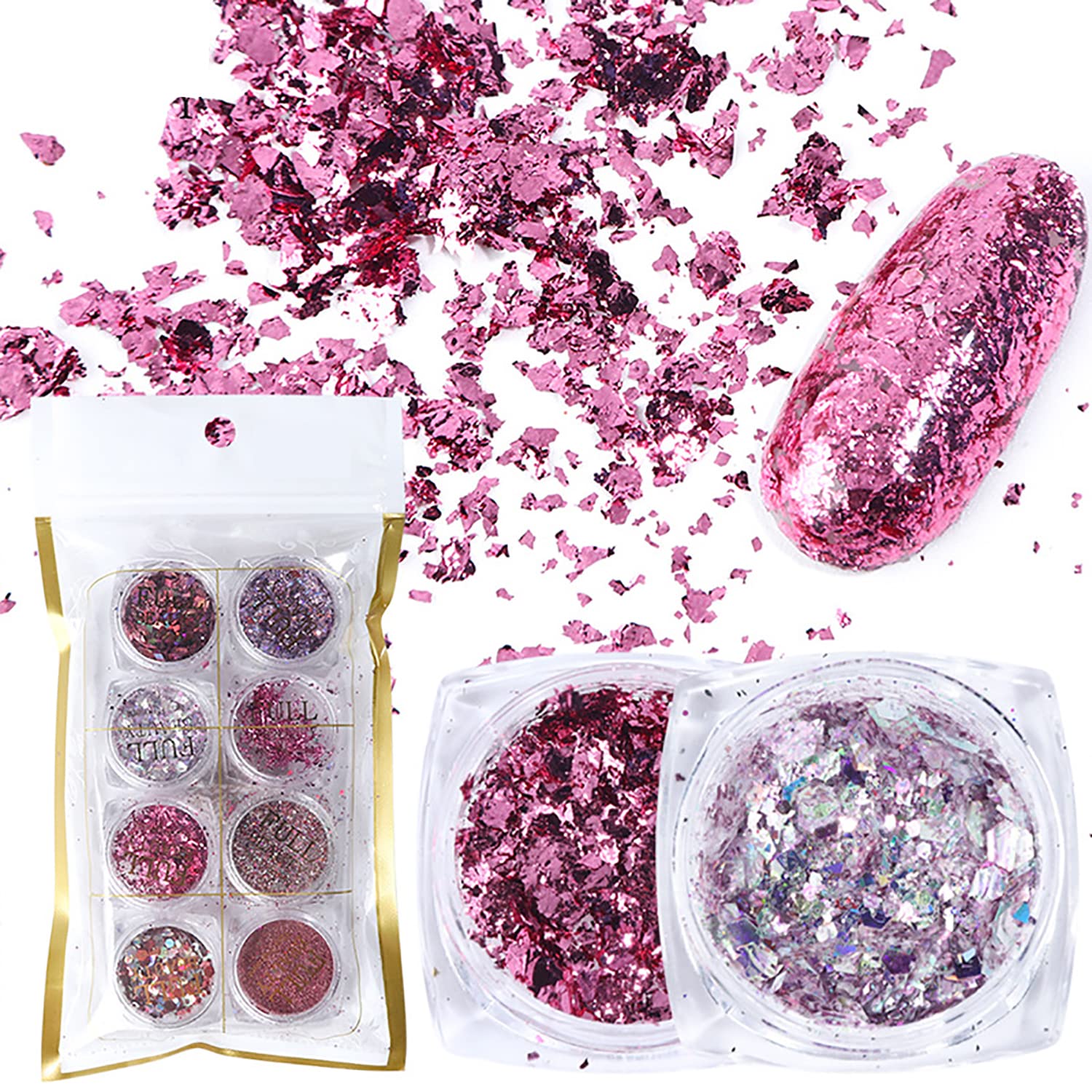 GOGOONLY 8-Piece Holographic Nail Glitter Set - Metallic Shining Flakes & Sequins for Nail Art Decoration (Magenta) | Professional Salon & DIY Manicure at Home