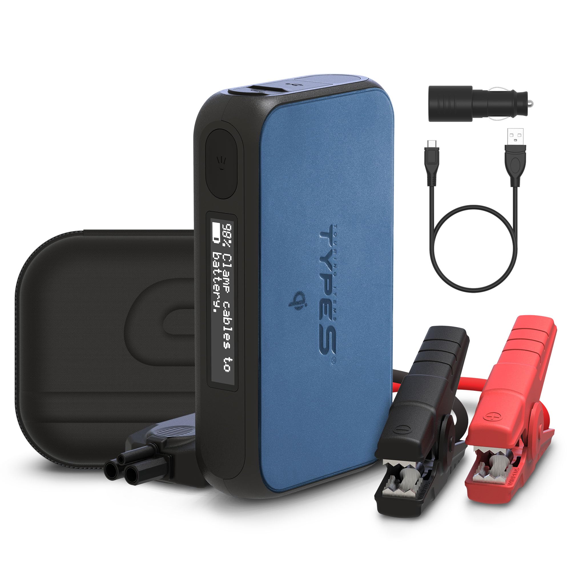Type S 1000A Car Battery Jump Starter - 12V Portable Power Bank for Gas & Diesel Engines (Up to 6.0L/3.0L) with LCD Display, 8000mAh Capacity, Qi Wireless Charging, LED Flashlight, USB-C & USB-A Ports - UL Listed Blue - Perfect for Emergency Roadside Assistance, Camping & Power Outages