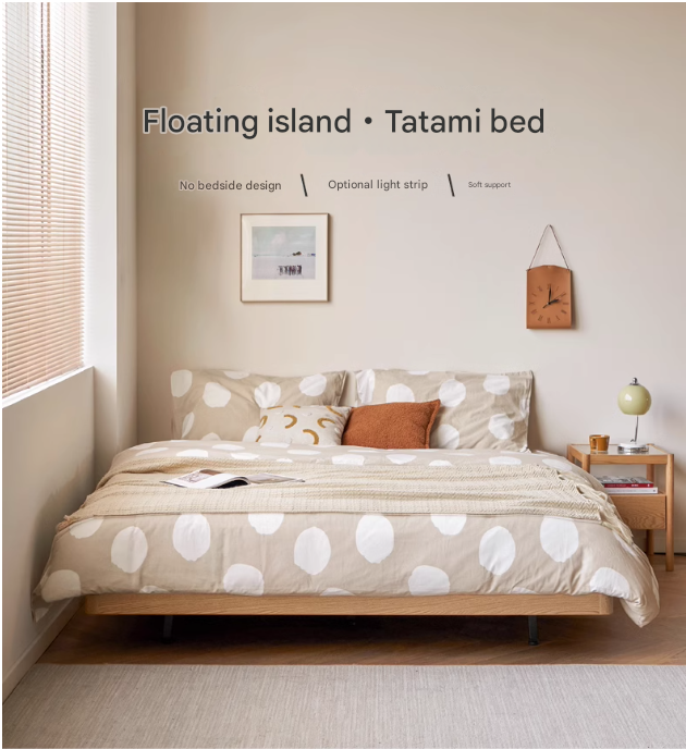 Solid Oak Wood Platform Bed - Headboard Free Modern Design with Night Light - Perfect for Bedroom, Guest Room & Small Spaces