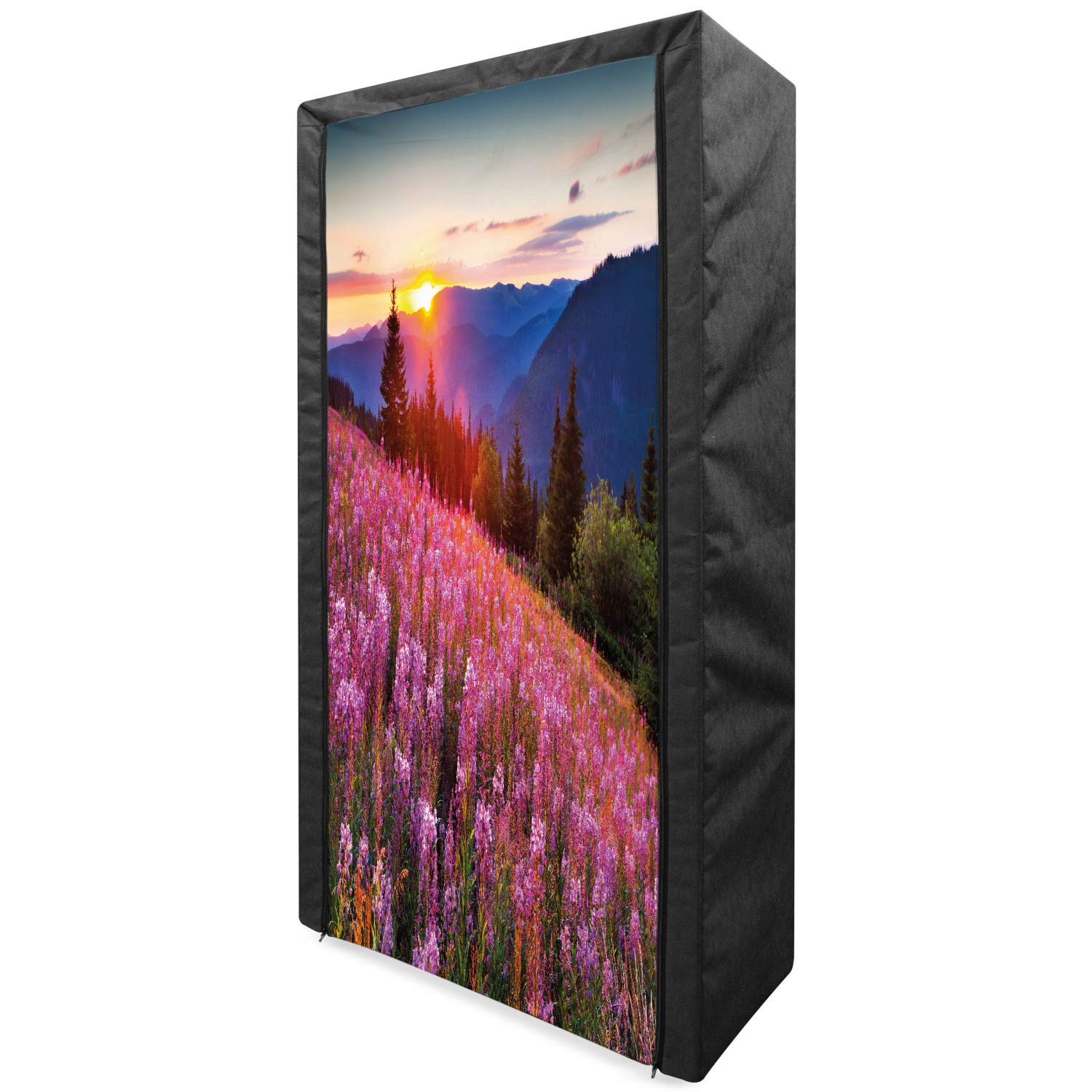 Ambesonne Portable Fabric Wardrobe - Countryside Spring Meadow Floral Landscape Design (33.5 Inch) | Pink & Blue Closet Organizer with Shelves | Perfect for Bedroom, Dorm, RV & Small Space Storage