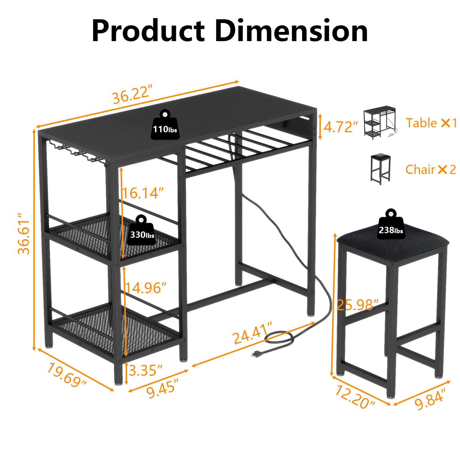 Modern Black Bar Table and Chairs Set with Power Outlet, 3-Piece Pub Table Set with 2 Storage Shelves, Wine Rack & Glass Holder - Perfect for Living Room, Dining Room, Small Apartment, and Outdoor Patio