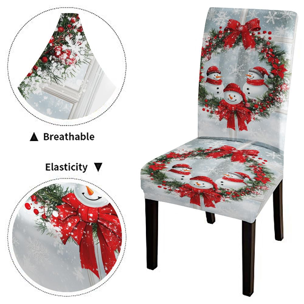 EMMTEEY Stretchy Christmas Dining Chair Covers Set of 2 - Washable Winter Wonderland Snowmen & Wreath Design Chair Protectors for Holiday Parties, Family Gatherings & Festive Home Decor