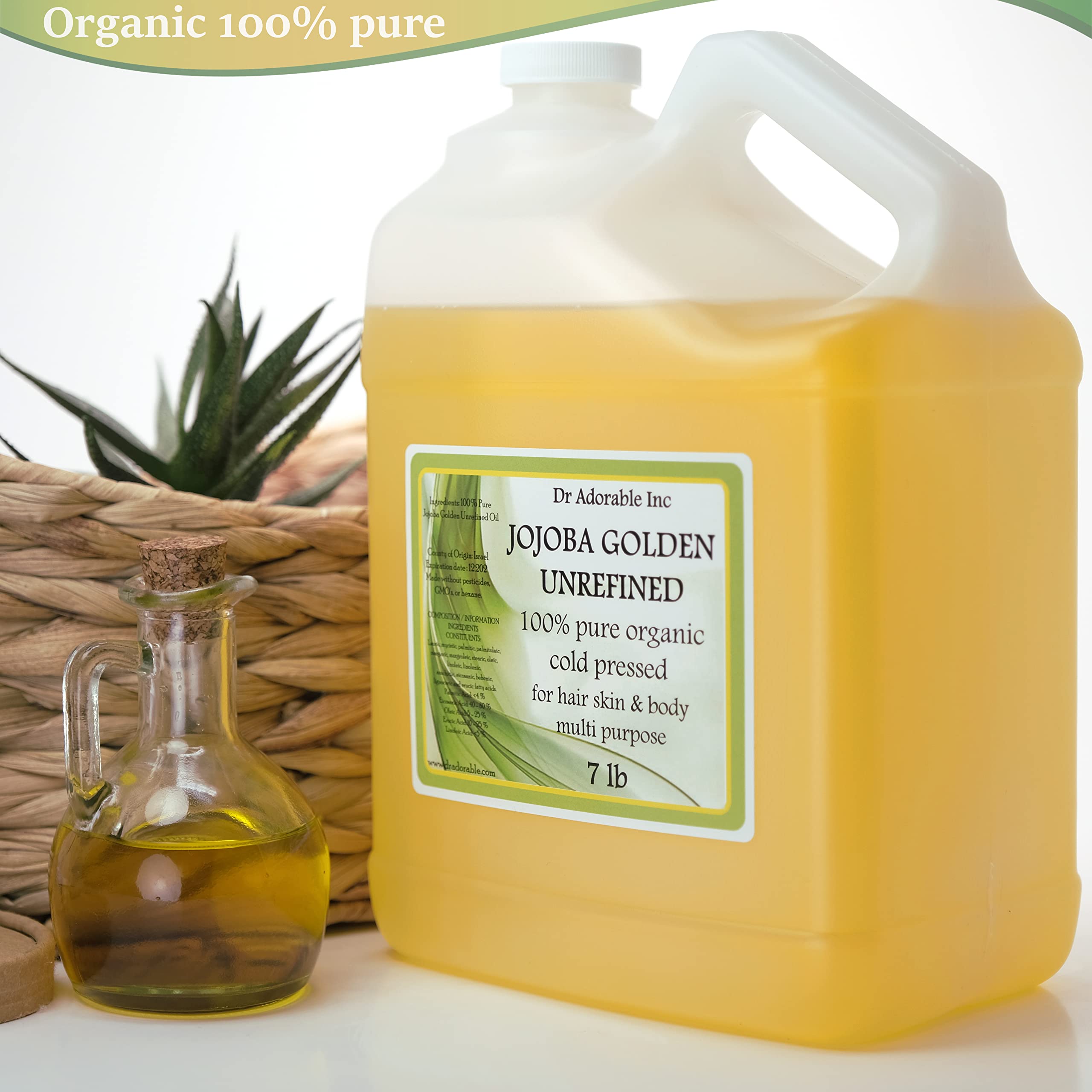 Dr Adorable 7 lb Jojoba Oil Golden - 100% Pure Natural Unrefined Organic Cold Pressed - Perfect for Skin Care, Hair Treatment & DIY Beauty Products