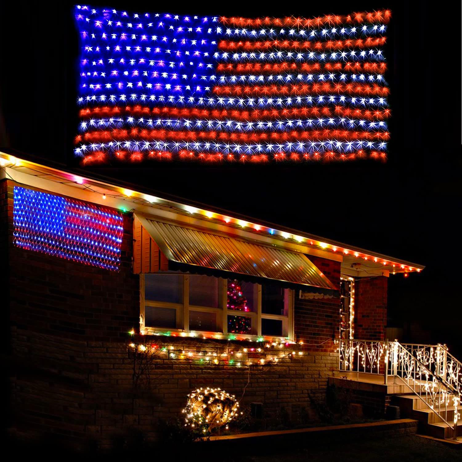 420 LED 24V Red White Blue American Flag Net Lights - Waterproof Patriotic Decorations for 4th of July, Independence Day, Memorial Day & Christmas - Perfect for Outdoor/Indoor Use on Houses, Fences, Trees & Parties