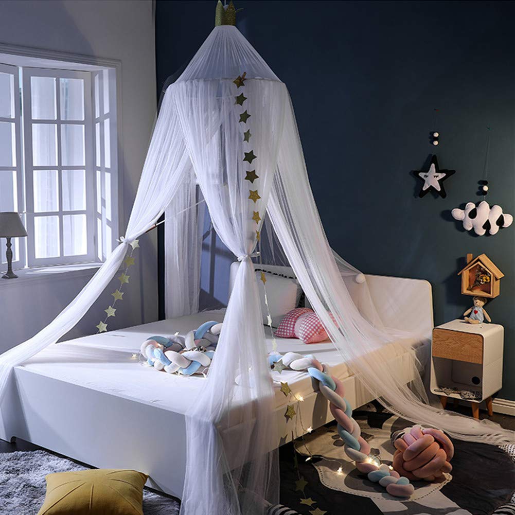 Eimilaly Princess Bed Canopy with Stars & Crown - 7-Door Mosquito Net for Girls' Room Decor | White Encrypted Fabric | Perfect for Kids' Bedrooms, Sleepovers & Fantasy Themed Decorations