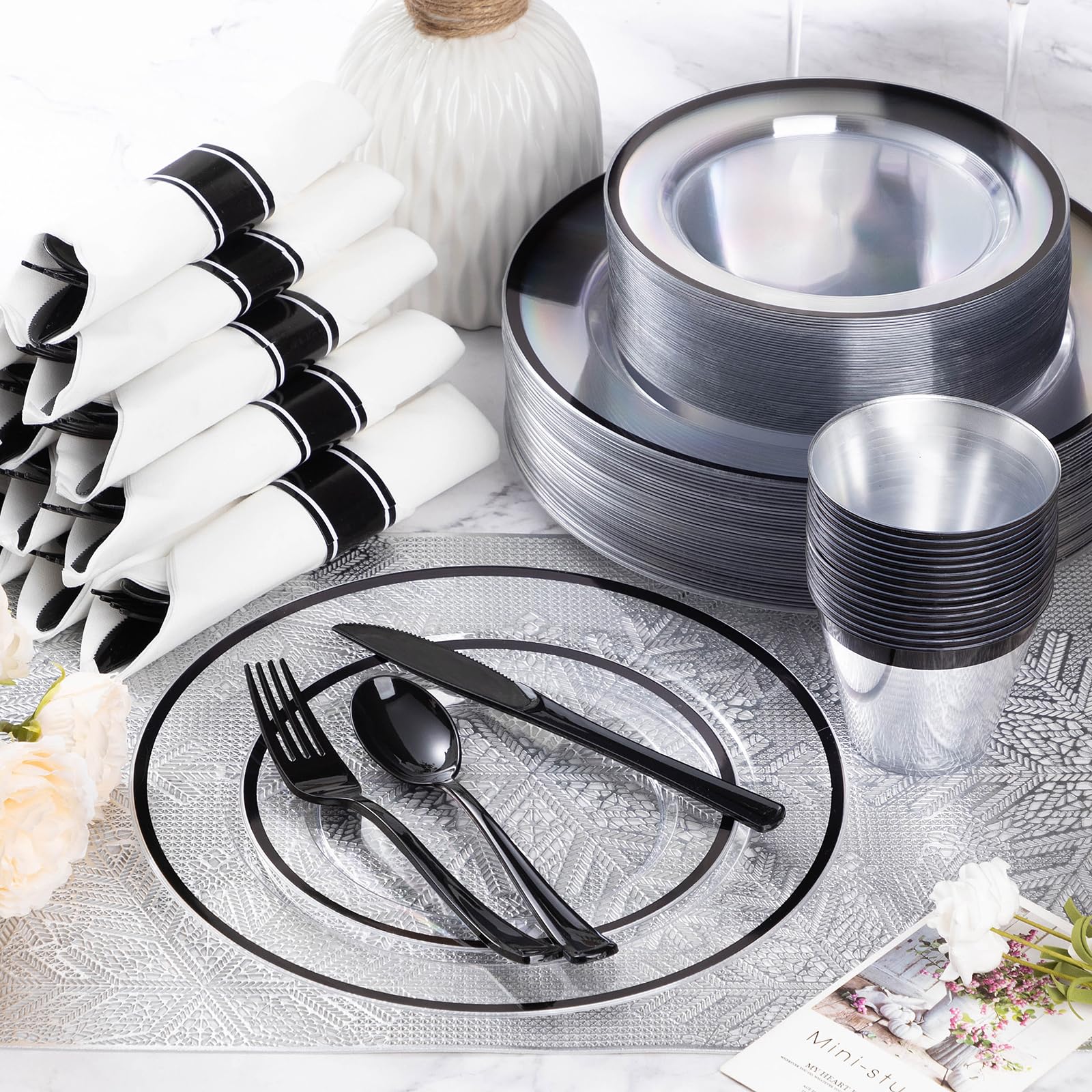 Goodluck 175-Piece Black Plastic Dinnerware Set for Party - Disposable Plates, Cups & Cutlery for 25 Guests - Includes 25 Dinner Plates, Dessert Plates, Pre-Rolled Napkins & Cups - Perfect for Birthday Parties, BBQs, Picnics & Events