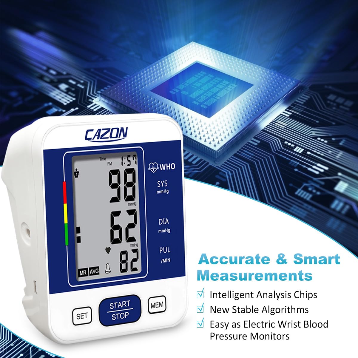 CAZON Large Cuff Blood Pressure Monitor for Home Use - Upper Arm BP Machine with 22-40cm Cuff, LCD Display & Heart Rate Tracking - Ideal for Hypertension Management & Health Monitoring (Blue)