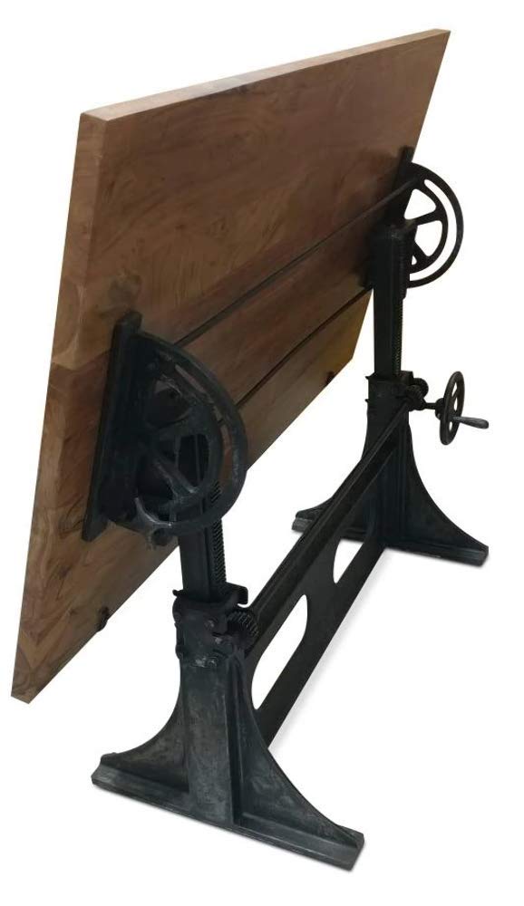 Industrial Adjustable Crank Drafting Table with Tilting Top & Cast Iron Base - Perfect for Architects, Engineers & Artists - Home Office & Studio Furniture