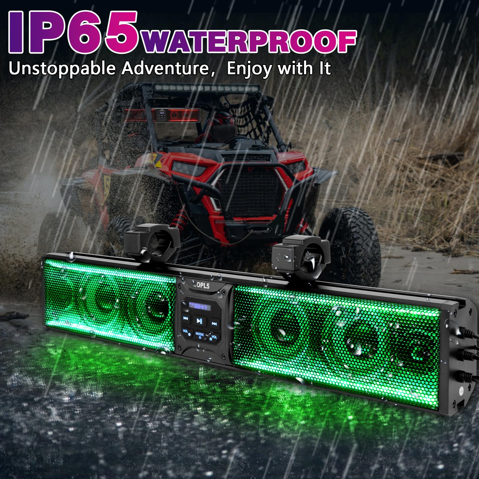 OPL5 26-Inch UTV Sound Bar with 6 Speakers, RGB Multicolor LED Lights & Backlight Strip - Waterproof Bluetooth ATV Audio System for Golf Carts (Fits 1.75