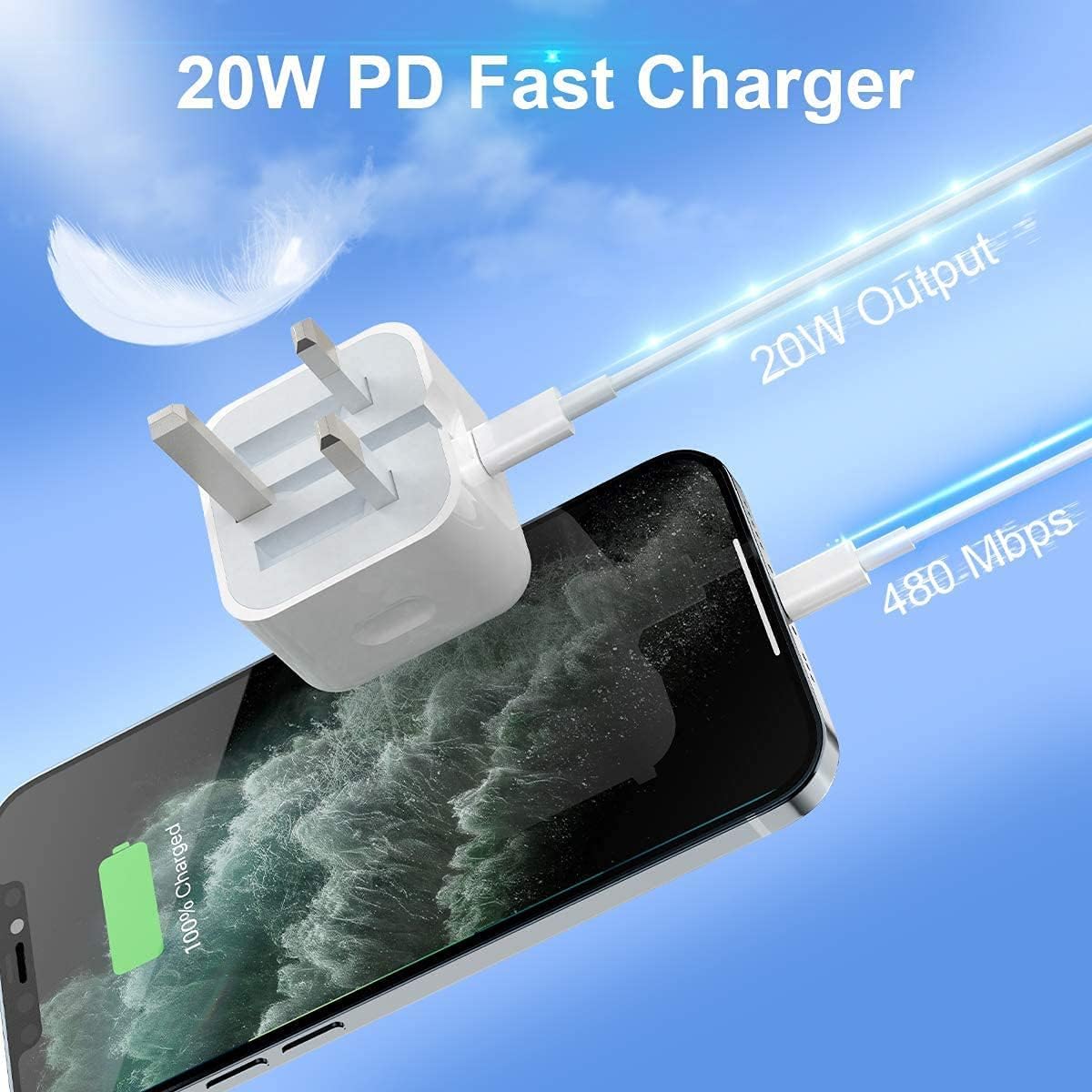 20W USB-C Fast Charger for iPhone 14/13/12/11/X/8 & iPad | PD Quick Charger with Cable | Compatible with iPhone 14 Pro Max/Plus/Pro & More | Perfect for Home, Office & Travel Charging