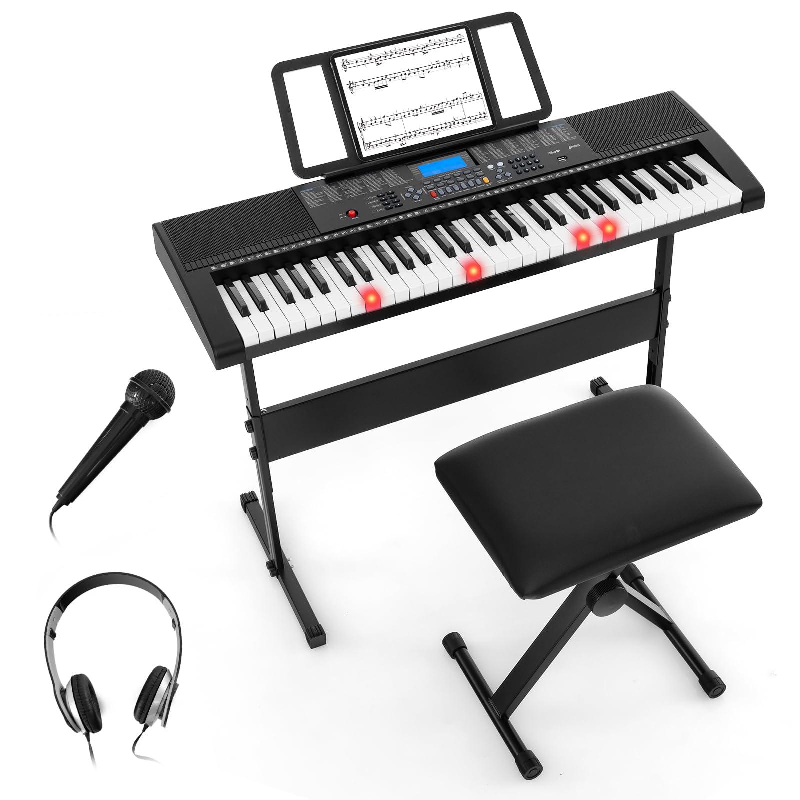 HONEY JOY 61-Key Electronic Keyboard Piano with Lighted Keys - 600 Tones, 400 Rhythms, Built-In Speakers - Complete Kit Includes Stand, Bench & Headphone/Microphone - Perfect for Beginners & Home Practice (Black) - Ideal for Music Lessons, Family Entertainment & Personal Learning