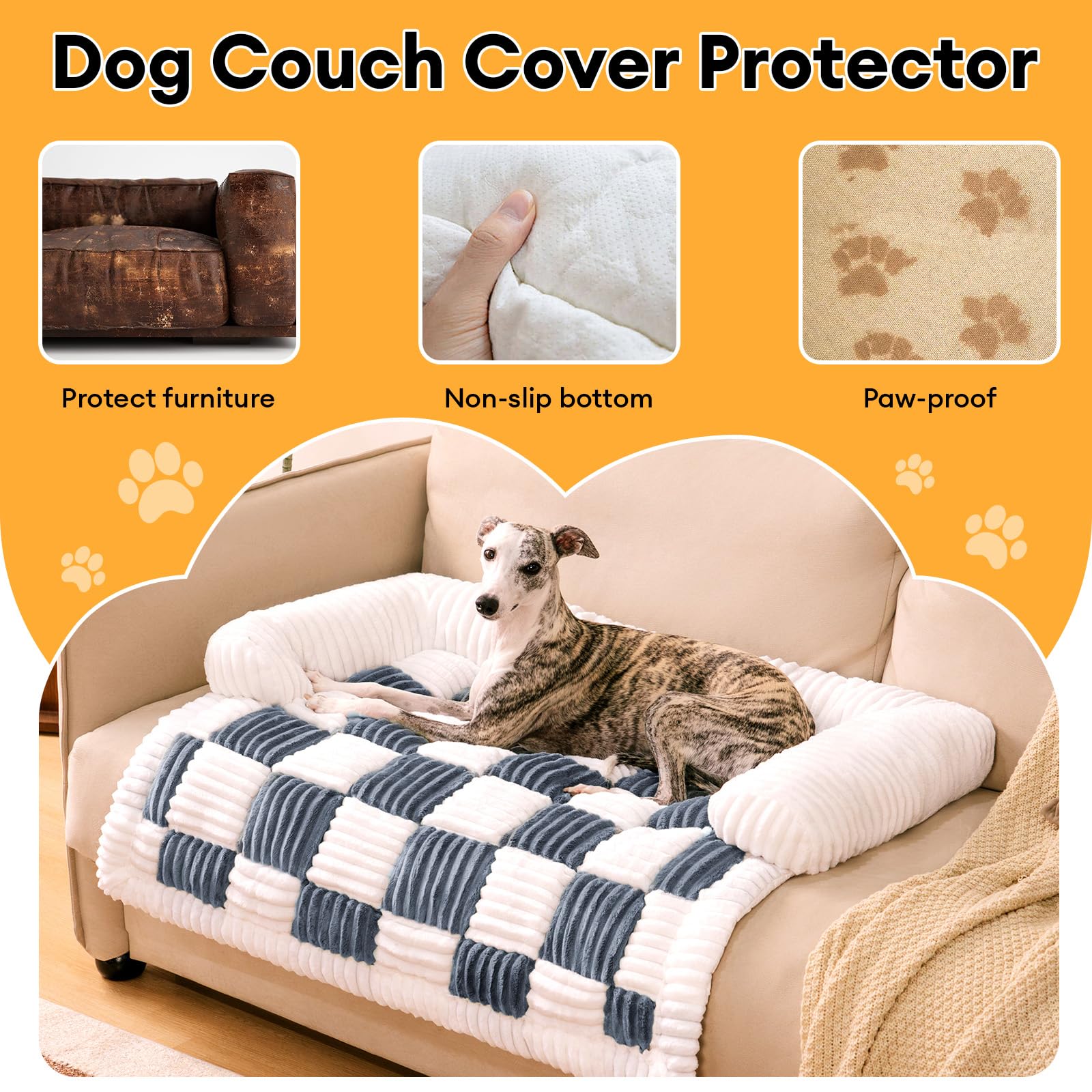 Washable Large Pet Couch Cover for Dogs - Soft Fuzzy Plaid Sofa Protector in Muted Grey | Durable Furniture Protector for Pets | Perfect for Living Room, Bedroom & Pet-Friendly Spaces