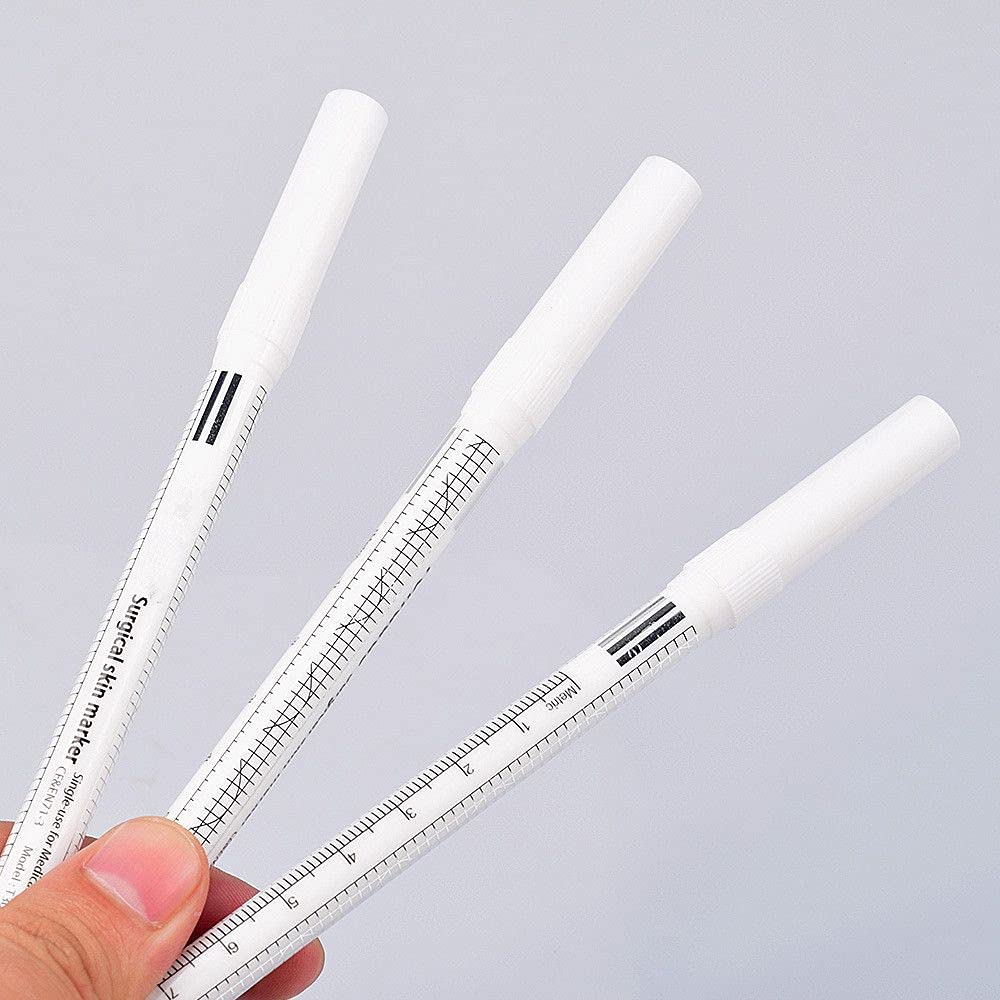 White Surgical Tattoo Eyebrow Skin Marker Pen - Waterproof Single Tip Body Positioning Pen with Paper Ruler | Perfect for Eyebrow Microblading, Permanent Makeup & Tattoo Outlining