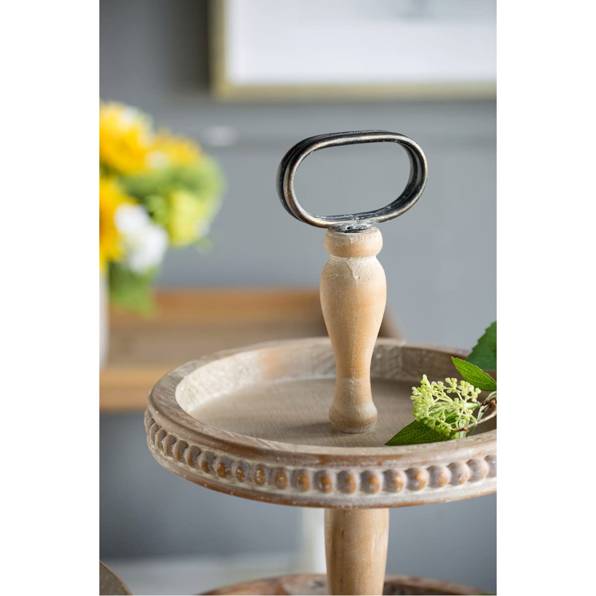 A&B Home Whitewash Tan 2-Tier Wood Bead Trim Tray - Rustic Farmhouse Decor for Coffee Table, Entryway, or Bathroom Organization