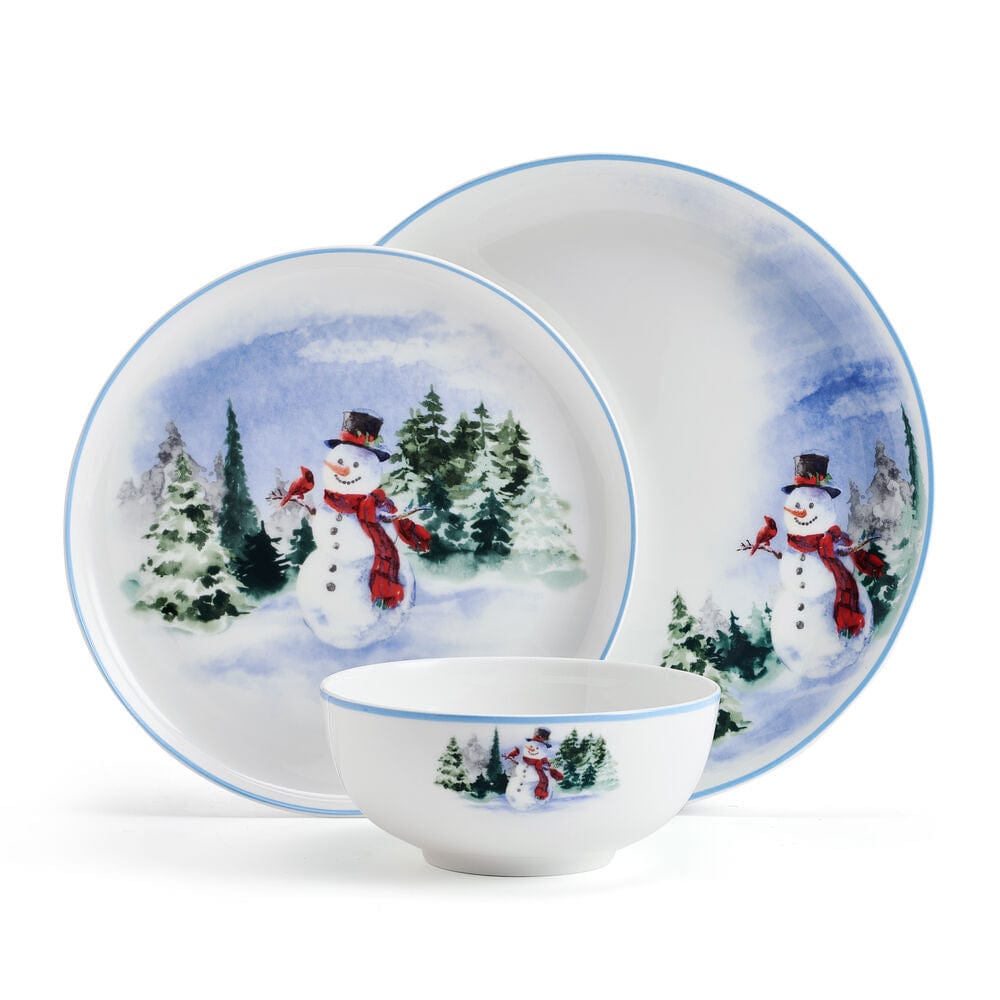 Snowman Forest 12-Piece Dinnerware Set for 4 - Holiday Dinner Plates, Bowls & Mugs - Christmas Tableware for Family Gatherings & Festive Celebrations