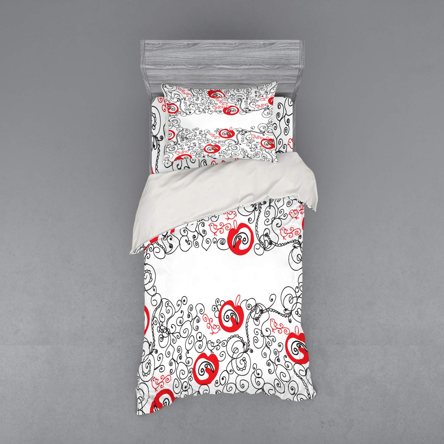 Ambesonne Red and Black Duvet Cover Set - Minimalist Modern Bedding with Sketchy Birds, Swirls & Apple Design - 3 Piece Twin Size Set Includes Sham & Fitted Sheet - Scarlet & White Contemporary Home Decor for Bedroom, Guest Room or Dorm