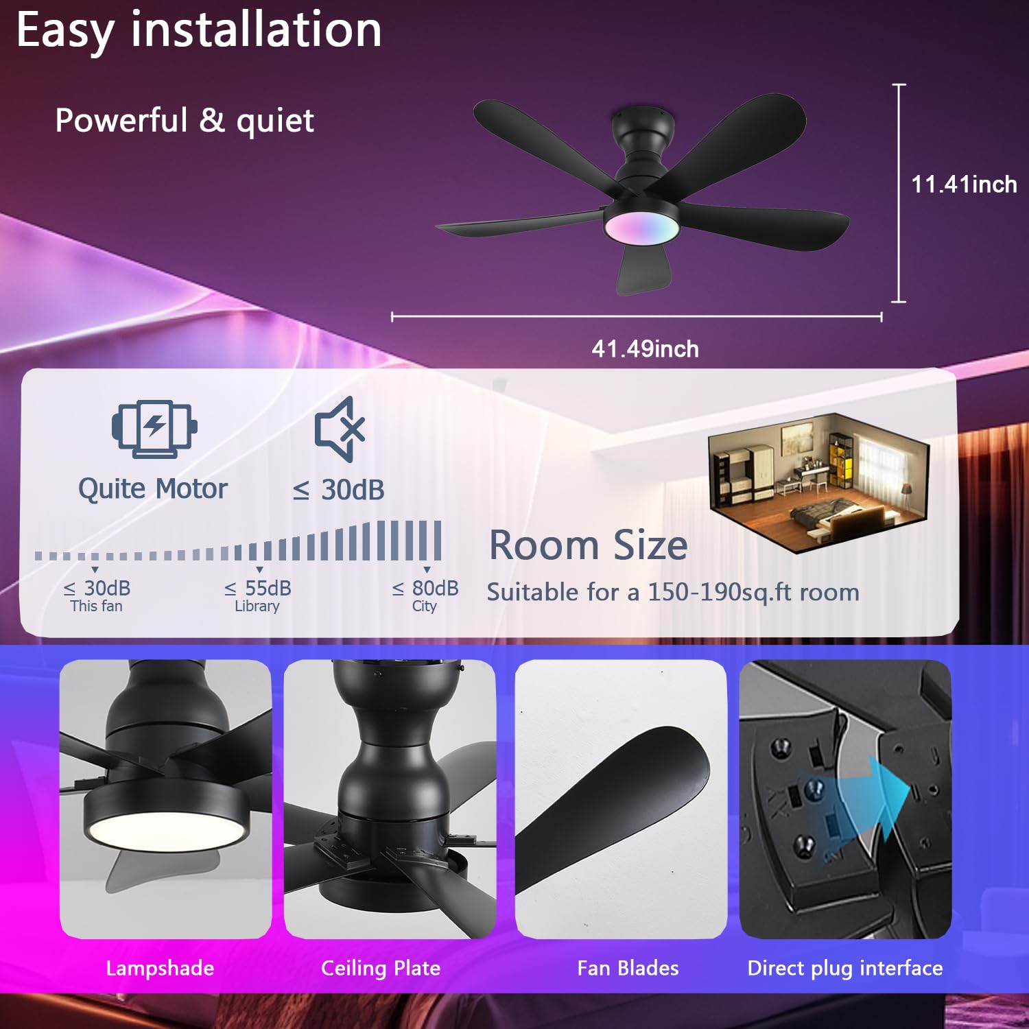 42 Inch Black Ceiling Fan with LED Light & Remote/App Control - Flush Mount Smart Fan with RGB Dimmable Lighting, Ultra Quiet Modern Design for Bedroom, Living Room, Indoor/Outdoor Use - Perfect for Home, Office, and Patio Cooling