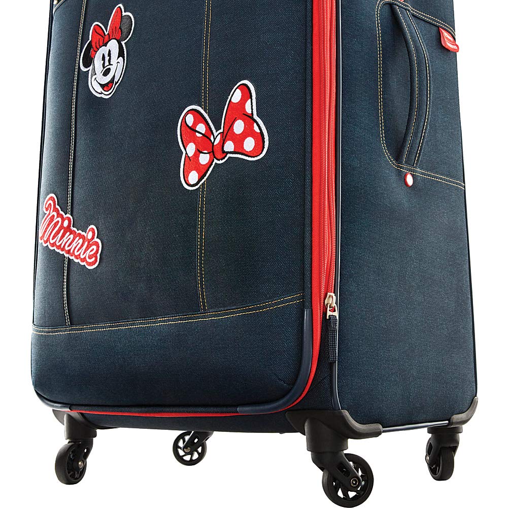 American Tourister Disney Minnie Mouse Denim 21-Inch Carry-On Spinner Luggage - Lightweight Softside Suitcase for Travel, Vacation & Business Trips