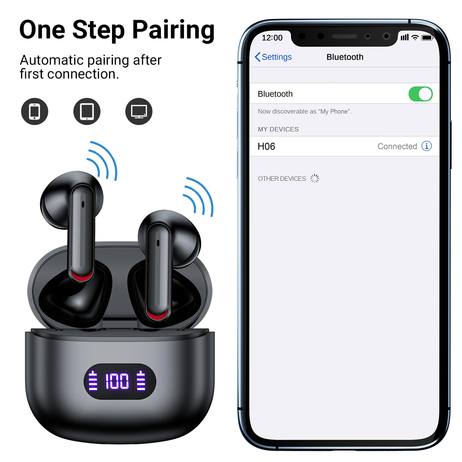 CAPOXO Wireless Earbuds Bluetooth 5.3 Headphones 60Hrs Playtime IPX7 Waterproof Sport Earphones with Wireless Charging Case, LED Power Display & Built-in Mic - for Running, Gym, Workout & Travel (Black) - Compatible with Android Phone, iPhone & Laptop