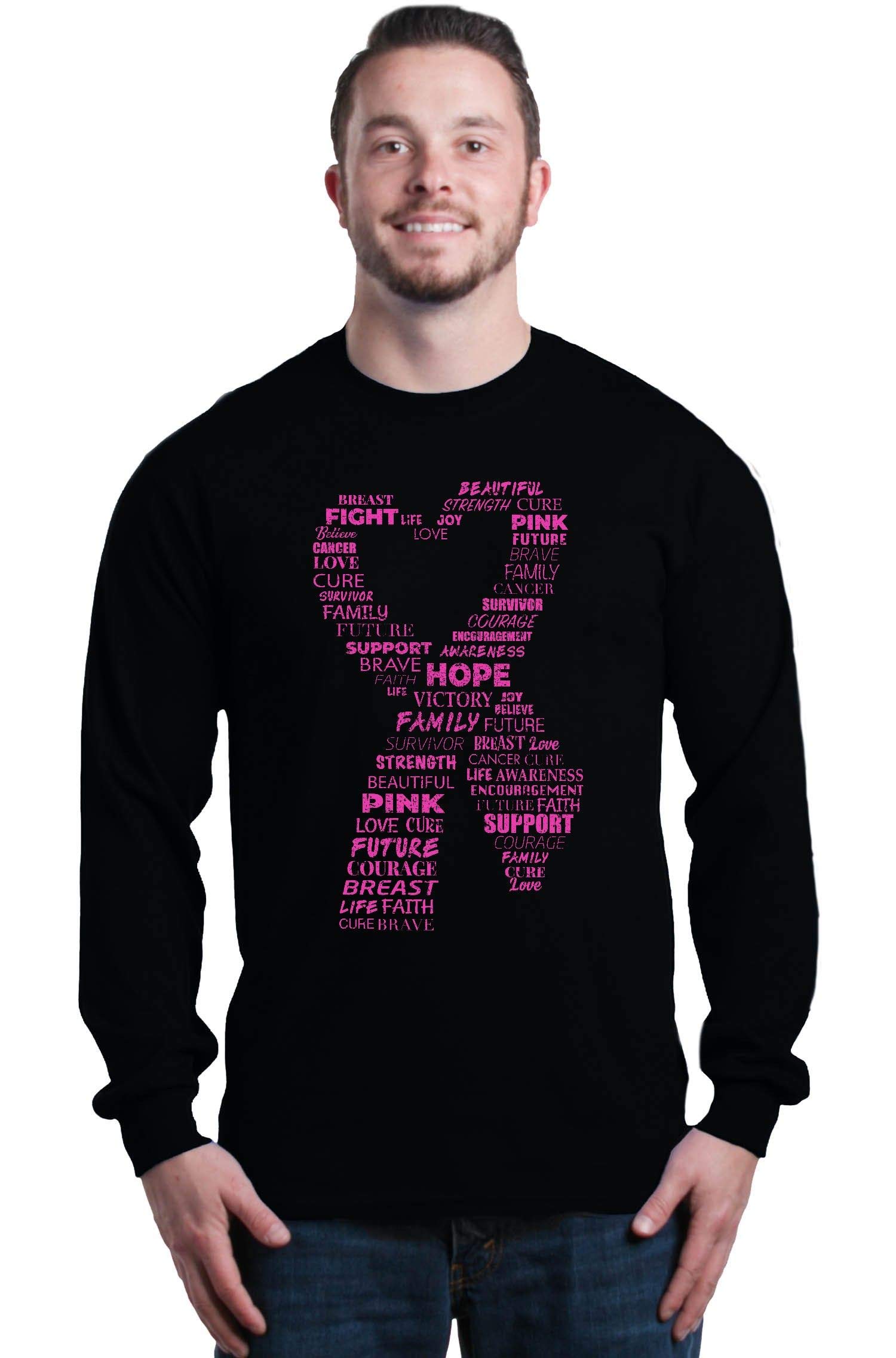 Pink Heart Ribbon Breast Cancer Awareness Long Sleeve Shirt - Word Cloud Design - Support Survivors & Fighters - Perfect for Fundraisers, Walks & Awareness Events
