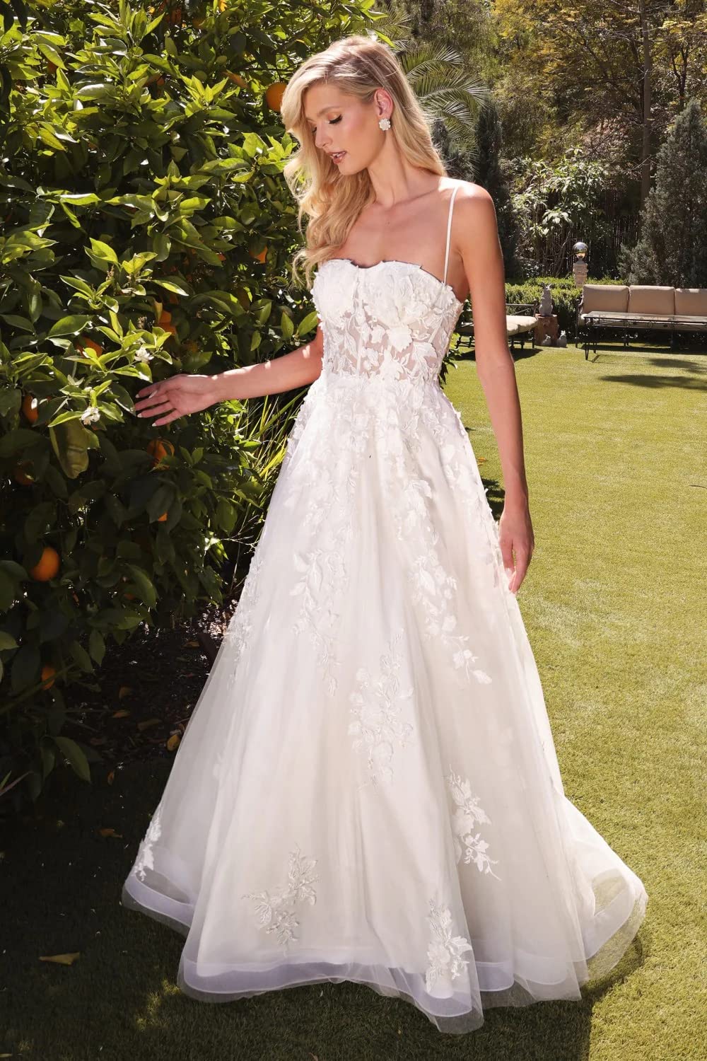 XYAYE Backless Lace Tulle Wedding Dress with Train - Spaghetti Strap Bridal Gown for Bride | Perfect for Beach, Church & Outdoor Ceremonies