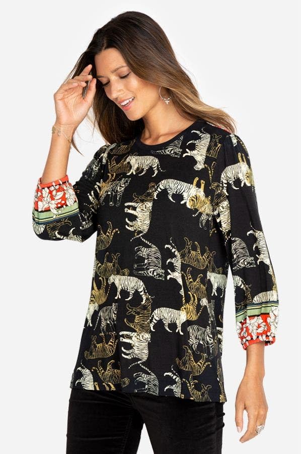 Johnny Was Women's Zebra Print Knit Puff Sleeve Long Sleeve Top - Black Animal Print Boho Chic Blouse for Casual Wear, Date Night & Holiday Outfits