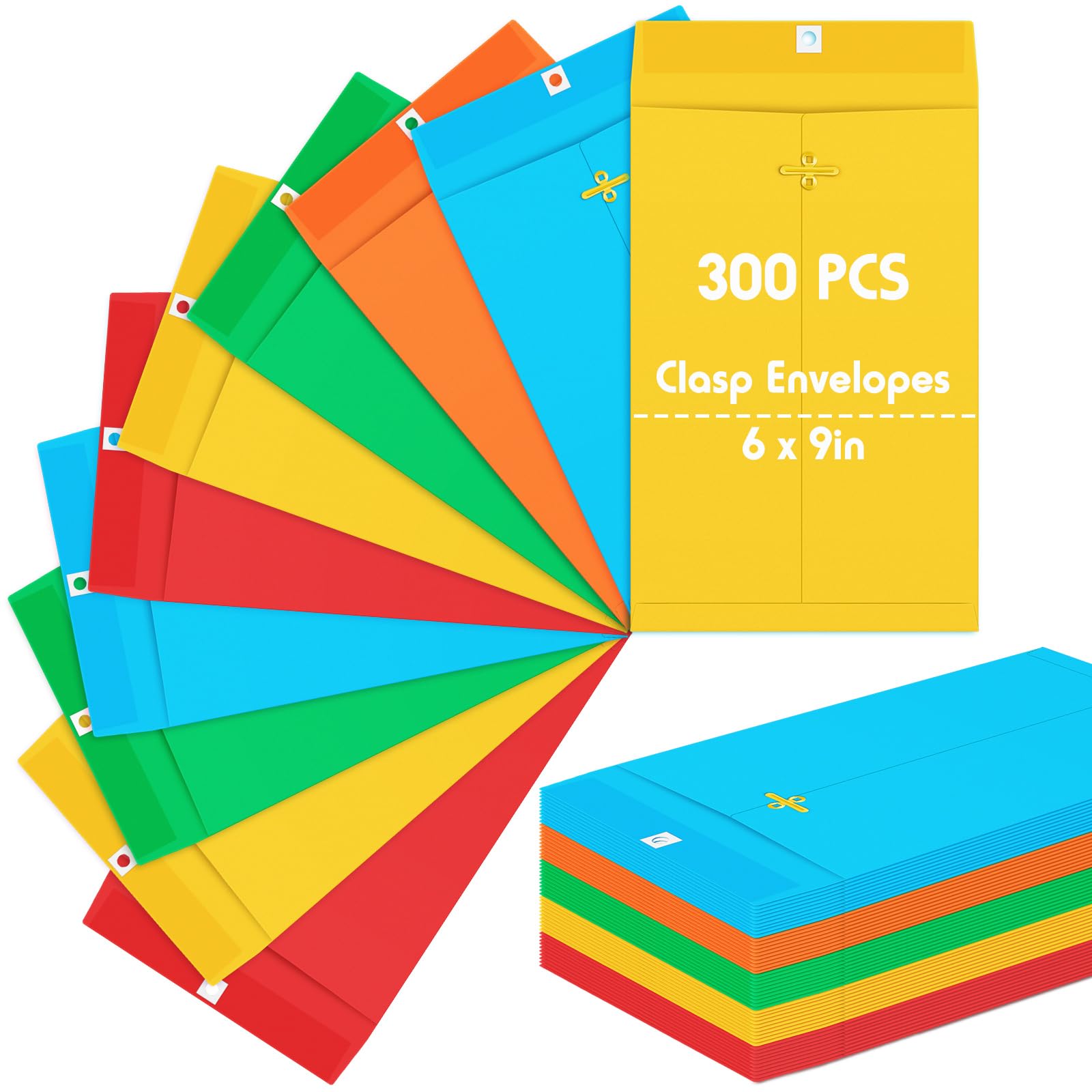 Geyee 300 Pcs 6x9 Inch Clasp Envelopes - Heavy Duty 28lb Kraft Manila Mailing Envelopes with Gummed Seal & Secure Closure - Ideal for Home Office, Business Mail, Document Storage & Organizing (Rainbow Color Assortment)