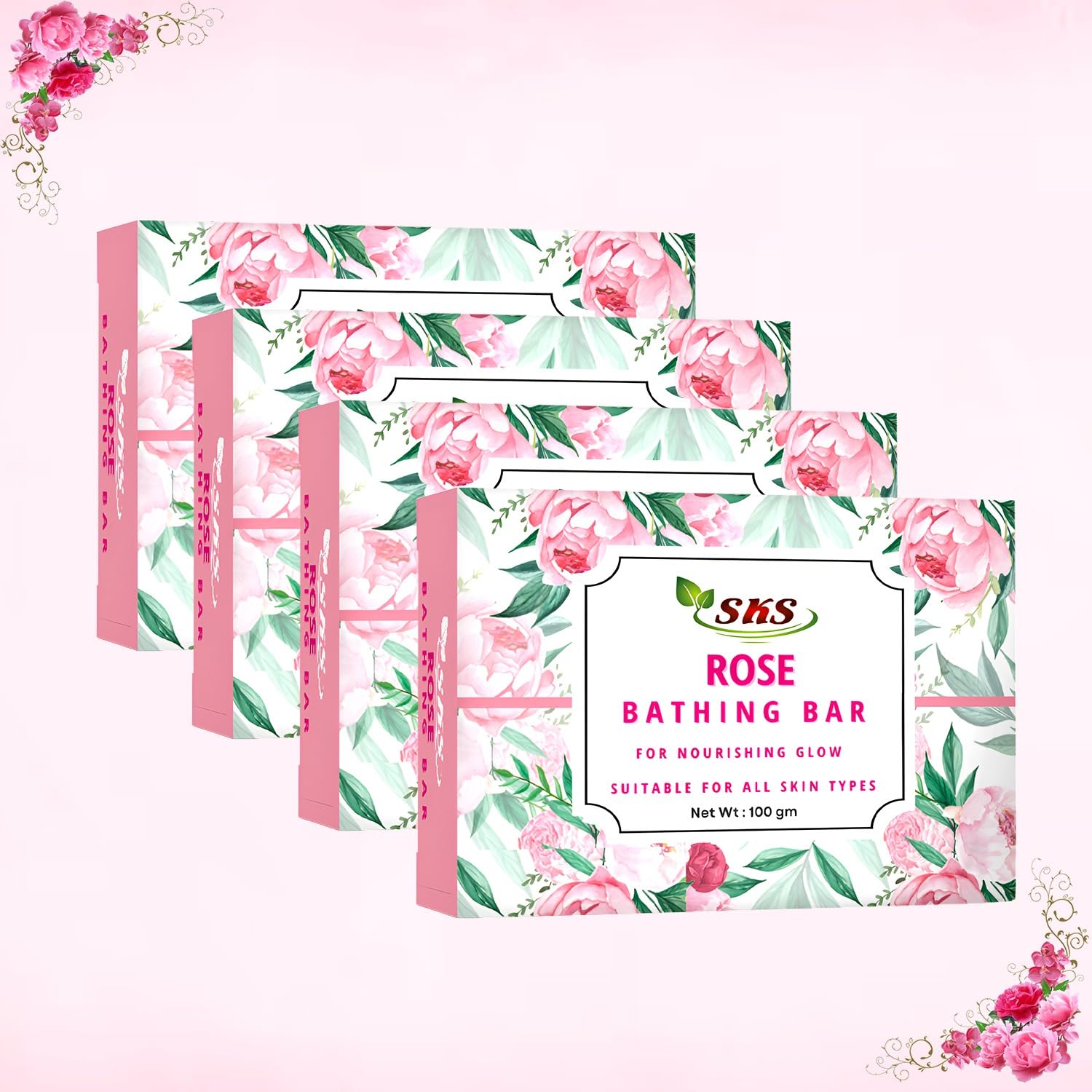 Natural SKS Rose & Pomegranate Bathing Soap Bar - Gentle Cleansing for All Skin Types, Unisex, 4x100g Pack | Moisturizing, Aromatherapy, Gift for Spa & Daily Skincare