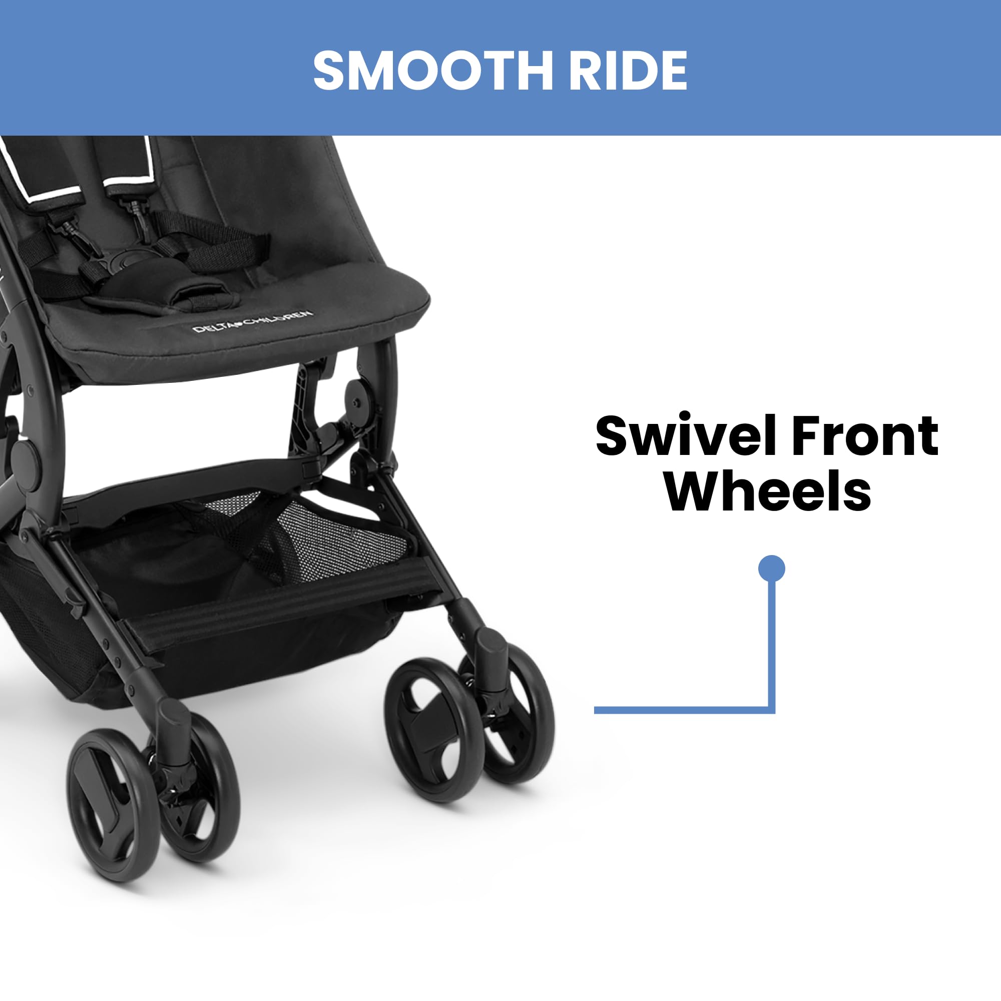 Delta Children Lightweight Compact Folding Travel Stroller - Airplane Approved Carry-On Stroller for Toddlers - Perfect for Air Travel, Shopping & Daily Use - Black